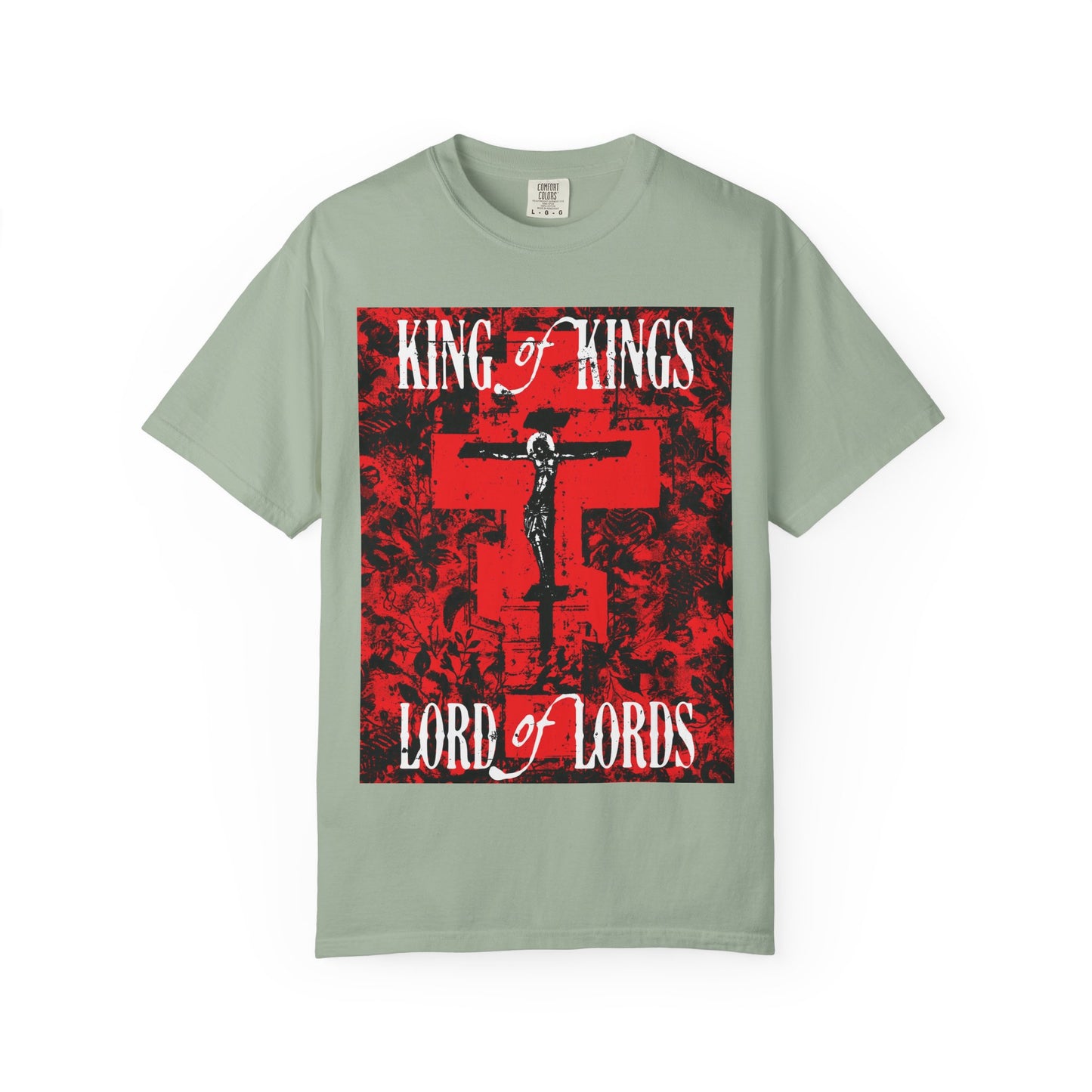 King of Kings, Lord of Lords | Christ Crucified Icono-Graphic | Red Cross Nature Texture w/ White Text | Heavyweight Cotton Unisex Tee