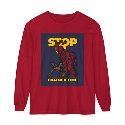 Red long-sleeve shirt: “St Marina of Antioch Beating the Devil with a Hammer | Stop, Hammer Time.” Features St Marina holding a hammer over the devil. Modern Orthodox meme in red, blue, and yellow. Christian long sleeve.