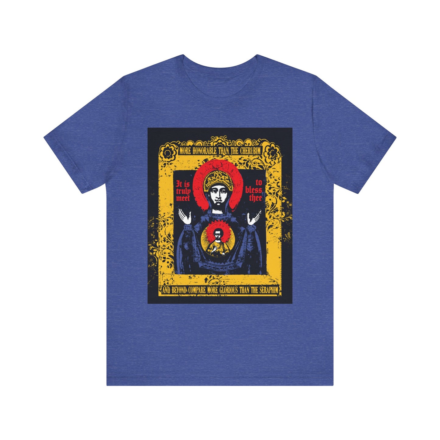 Heather True Royal unisex cotton tee featuring an iconographic graphic of the Theotokos with ornate yellow, red, and black borders on the back, inspired by the "It is Truly Meet" (Axion Estin) hymn.
