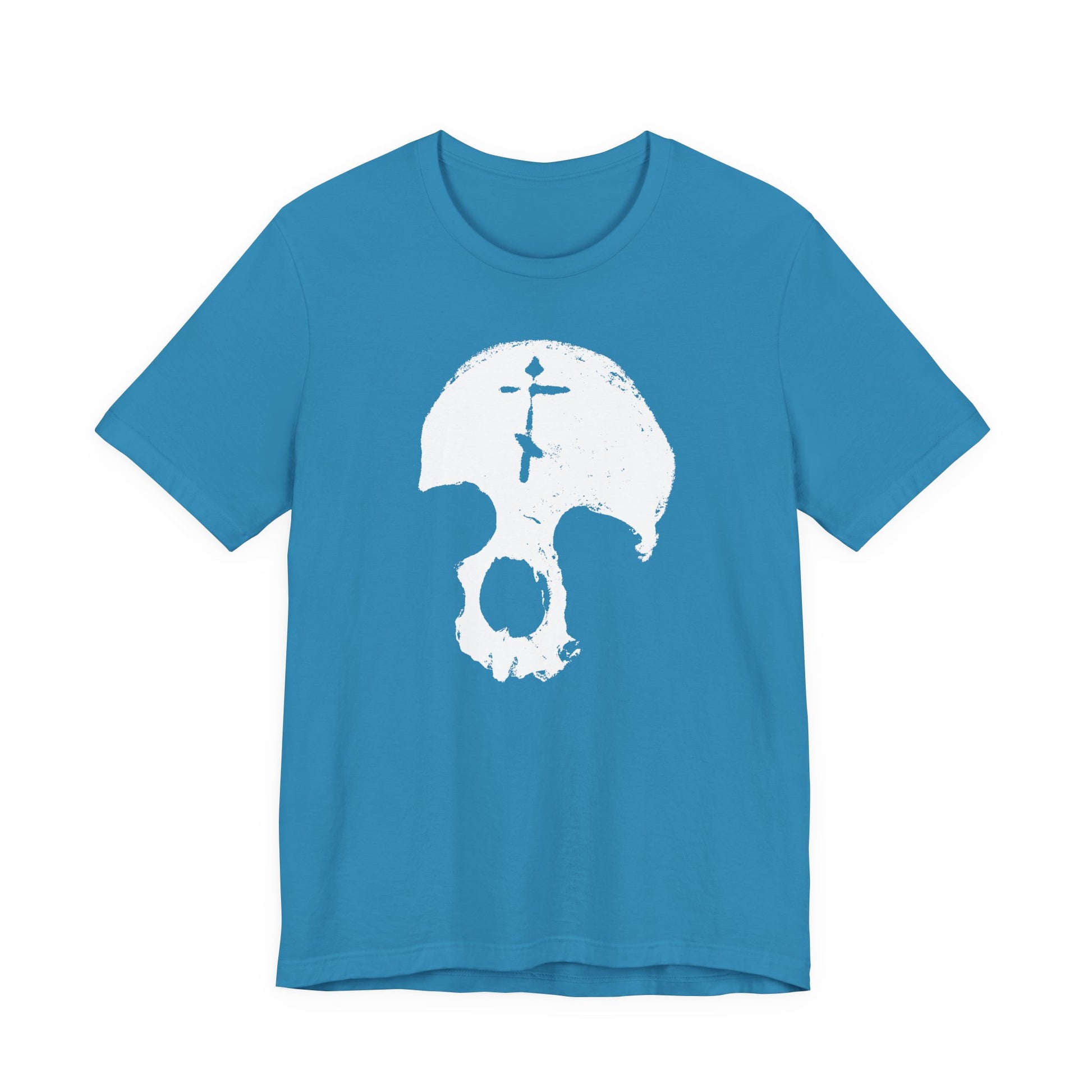 Aqua unisex cotton tee featuring a large white skull with an Orthodox cross and vertical forehead line—minimalist Gothic Christian design inspired by "All is Vanity" and "Memento Mori.