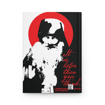 Remembrance of Death “It’s Later Than You Think” Christian Journal features a black and white illustration of Fr Seraphim Rose, Modern Orthodox Saint, with red script and high-contrast design—a memento mori inspired by Orthodox spiritual life.
