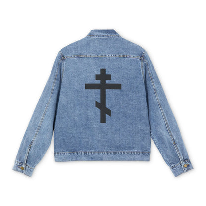 Medium denim wash jean jacket featuring a large black Orthodox cross on the back, inspired by Galatians 6:14: "May I never boast except in the cross of our Lord Jesus Christ.