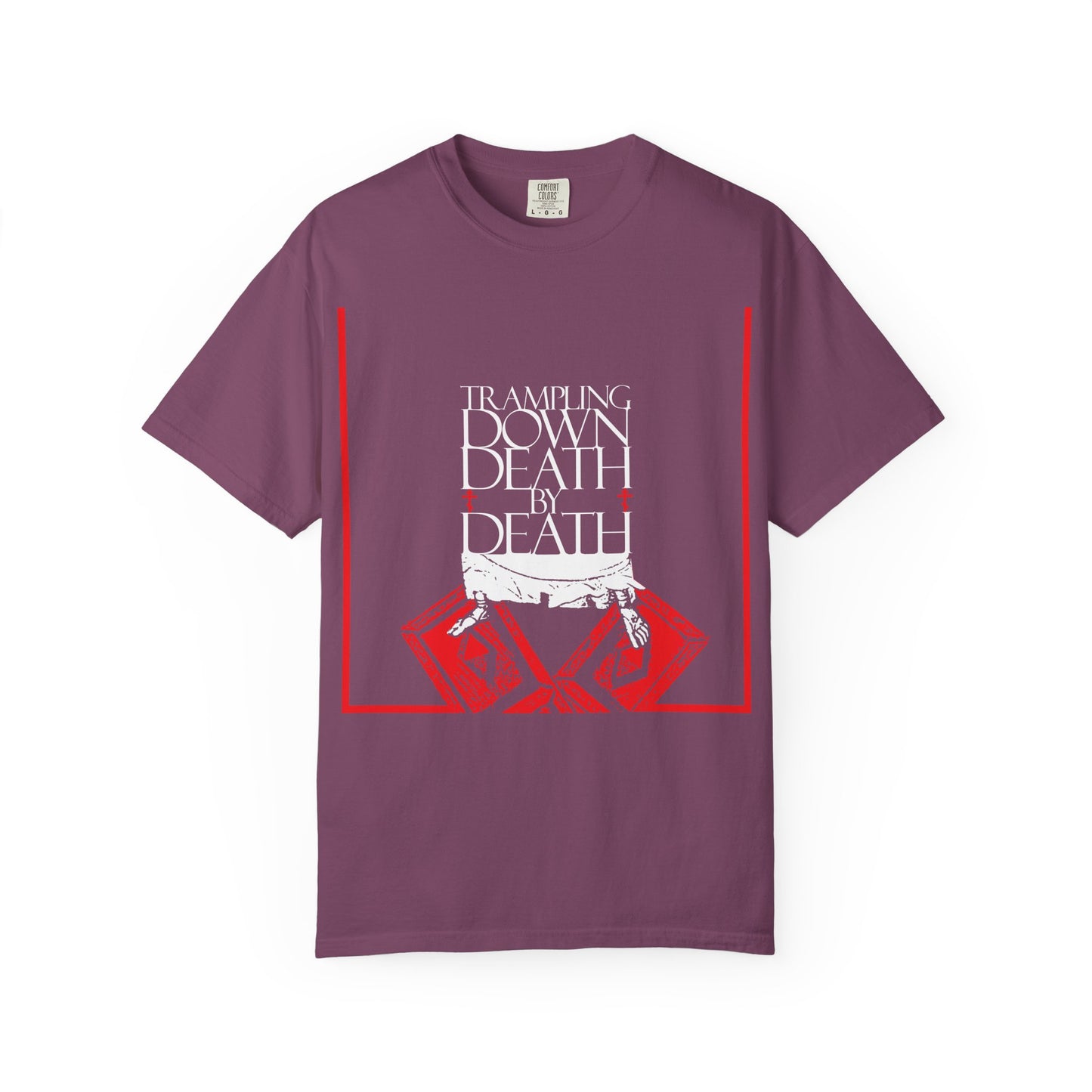 Berry-colored heavyweight cotton unisex tee: "Trampling Down Death by Death" in white text, features an iconographic Jesus’ feet on the Gates of Hades, celebrating Pascha, resurrection, and victory over death.