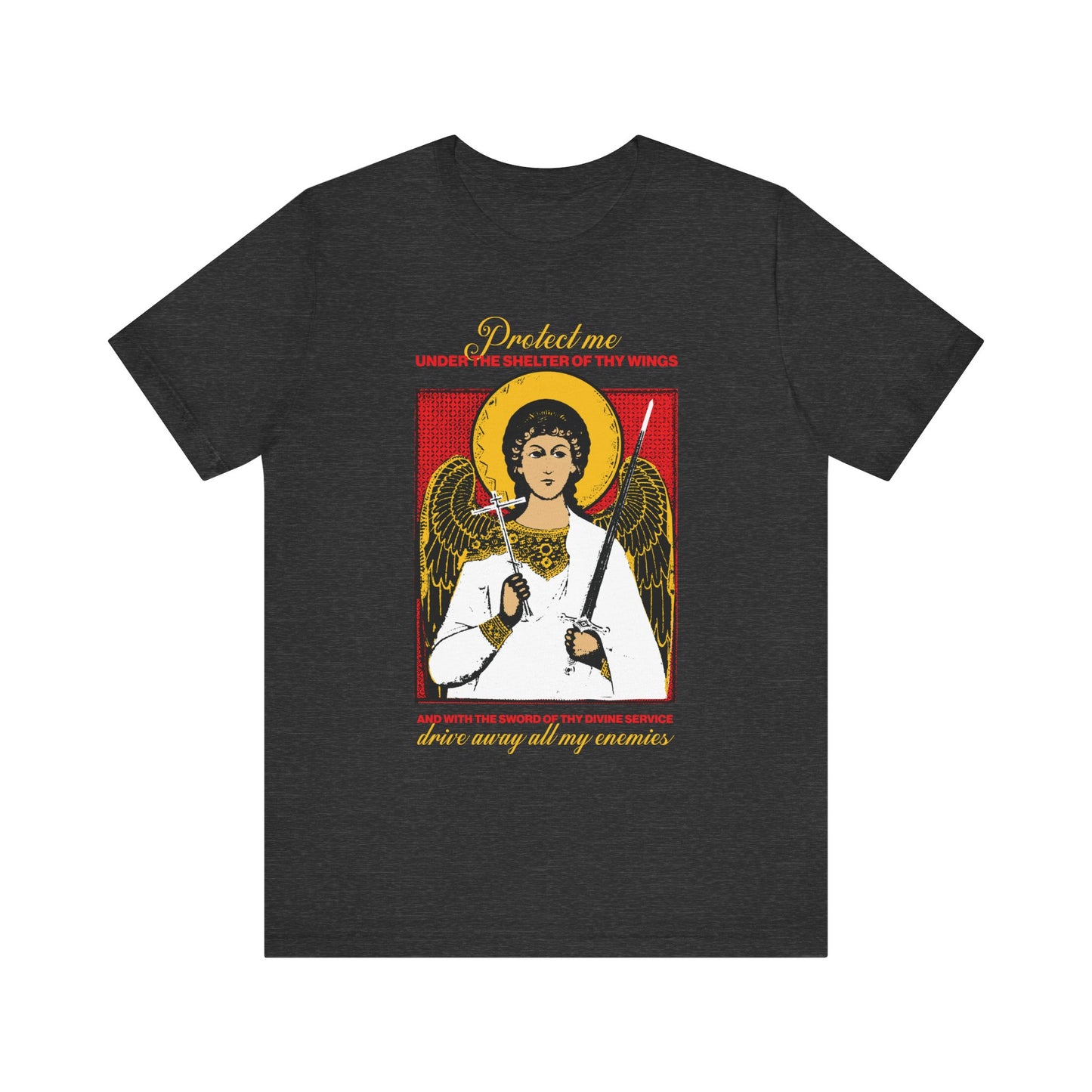 Dark Grey Heather T-shirt featuring a Holy Guardian Angel holding a sword and cross with "Drive Away My Enemies" protection prayer; lightweight cotton, unisex fit.