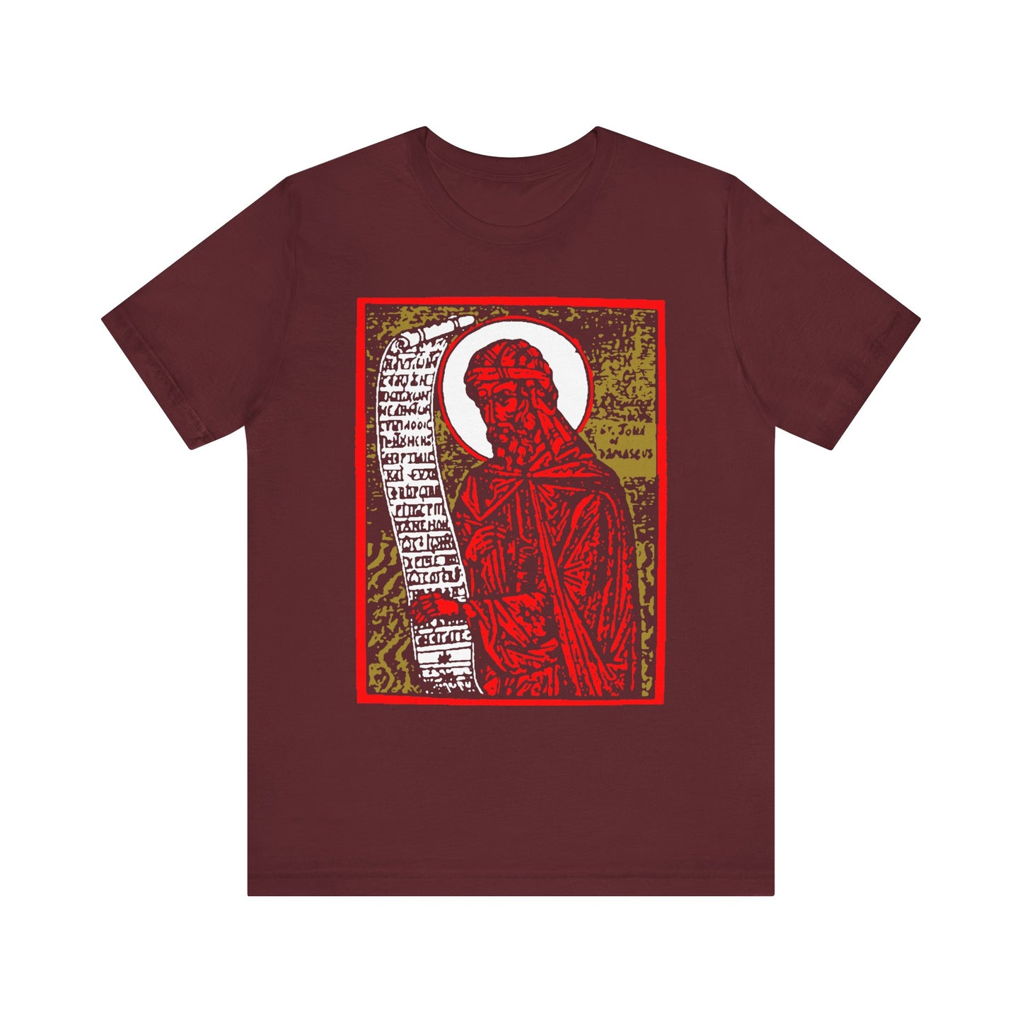 St. John of Damascus Icono-Graphic | Orthodox Christian Saint | Red Gold & Black High Contrast Design | Lightweight Cotton Unisex Tee
