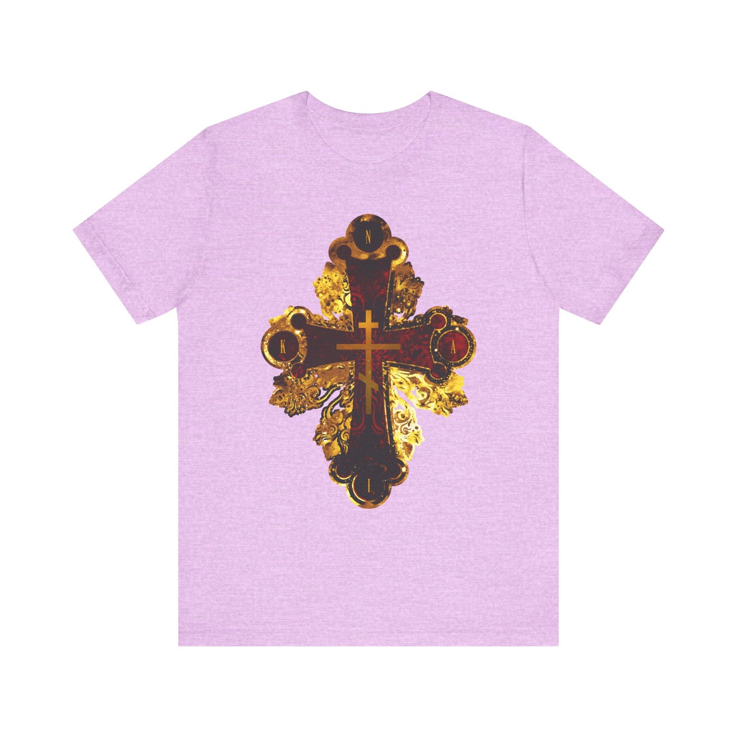 Heather Prism Lilac unisex t-shirt featuring an ornate metallic-style Orthodox NIKA Cross in rich red and gold texture printed on the front center, inspired by Orthodox Christian tradition.