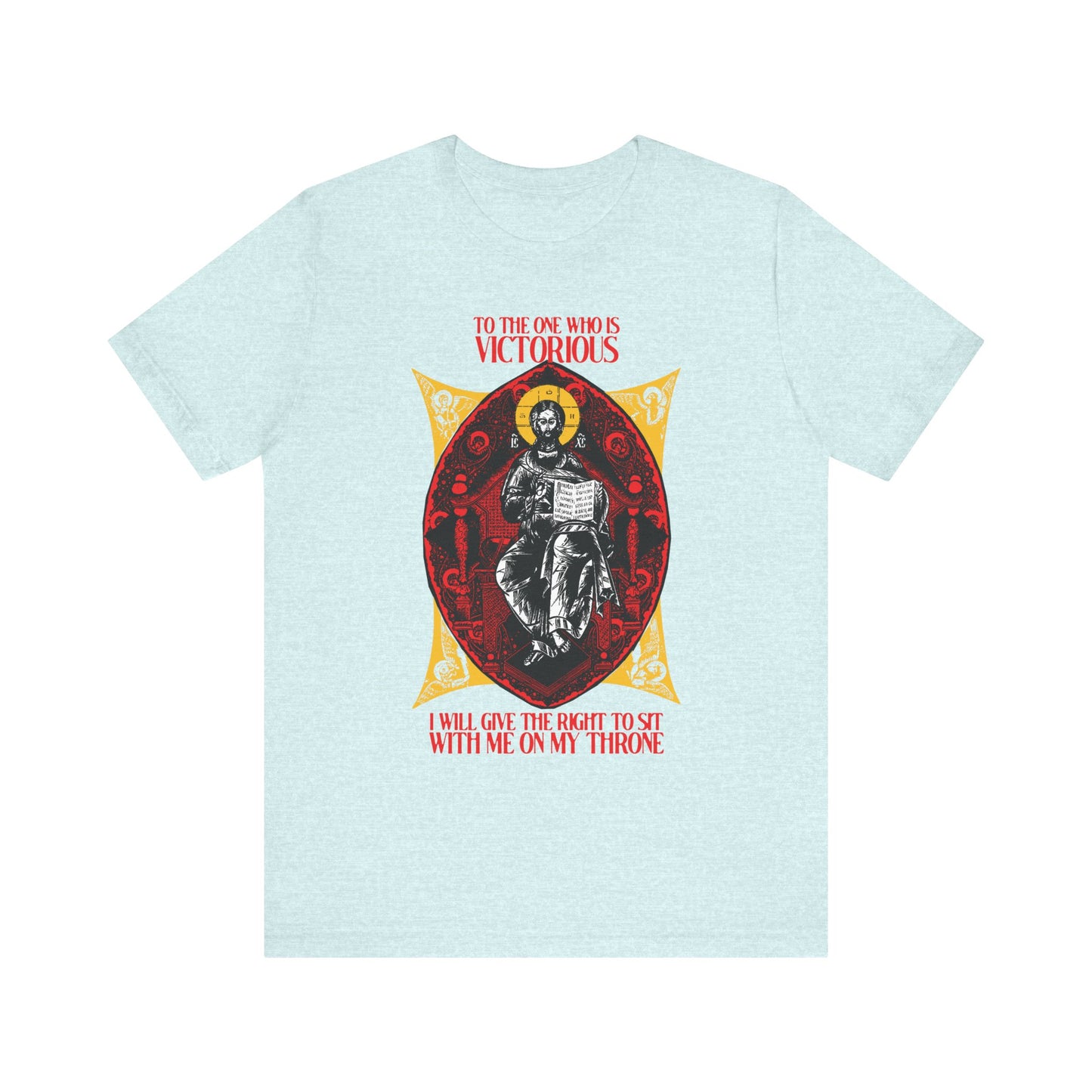 Heather Prism Ice Blue tee: "Christ is King, Enthroned In Glory IconoGraphic," featuring a seated Christ and red “To the One Who Is Victorious” text (Rev 3:21)—an Orthodox Christian cotton unisex shirt celebrating faith and heavenly promise.