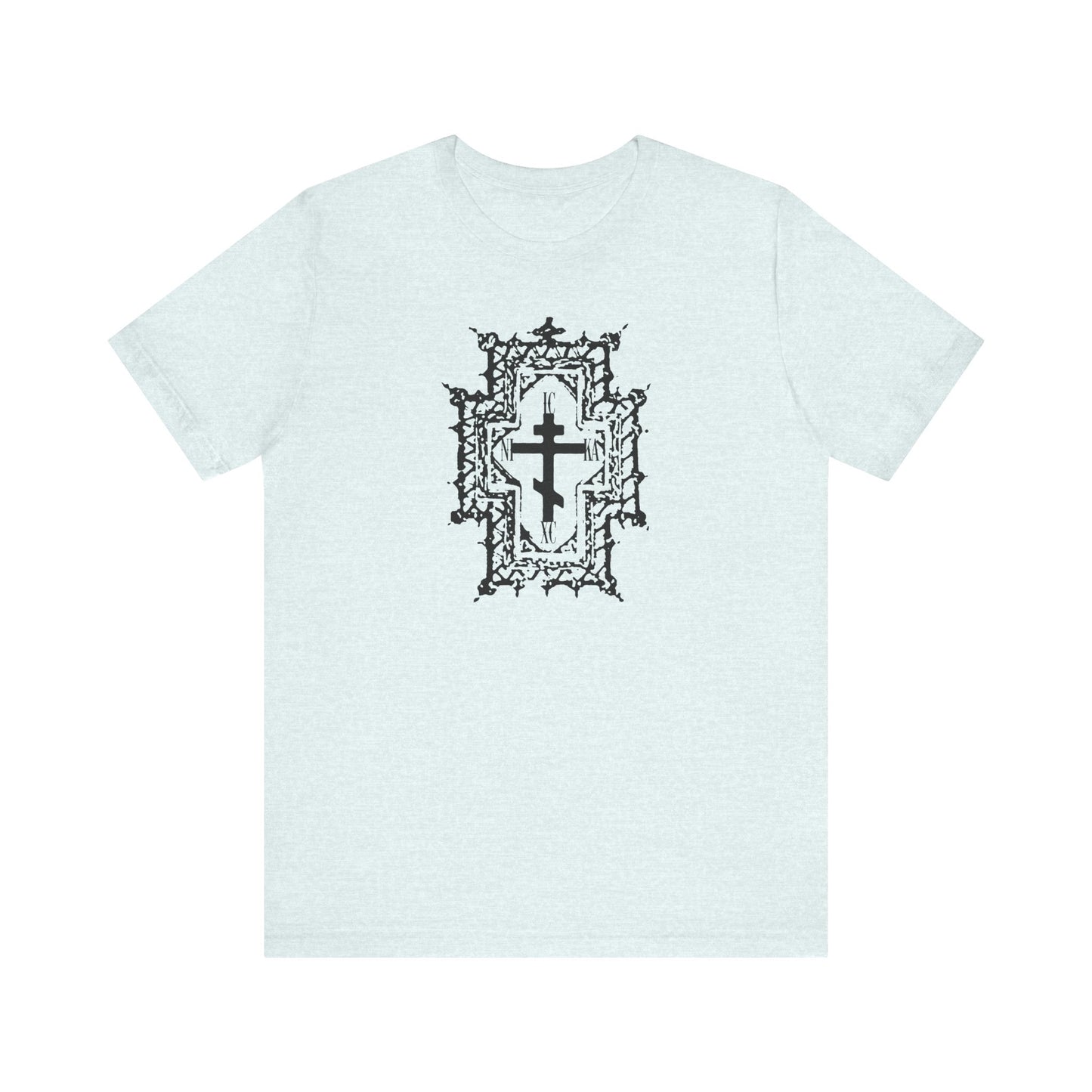 The ICXC NIKA Heather Ice Blue tee features a Gothic cathedral-style Orthodox cross design with "Jesus Christ Conquers"—a Christian lightweight cotton unisex shirt symbolizing healing by His wounds.