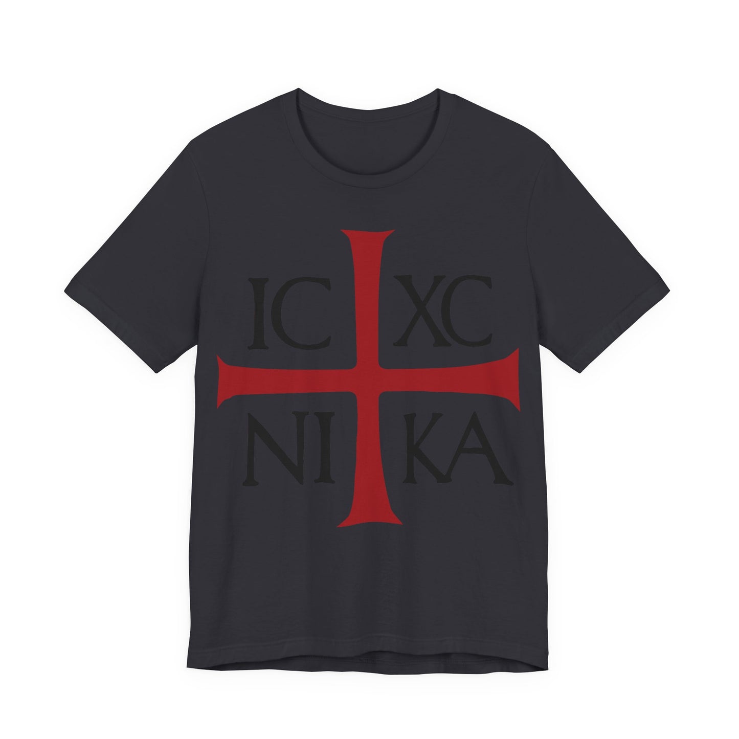 Dark grey cotton t-shirt featuring a red cross and black "ICXC NIKA" text—the ancient Byzantine Christogram meaning "Jesus Christ Conquers"—perfect for Orthodox Christians.