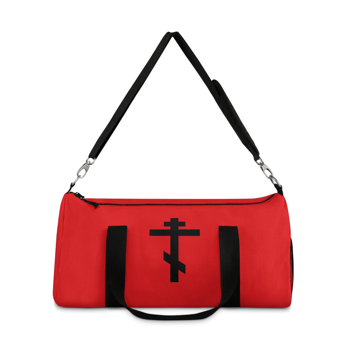 Red gym duffel bag featuring a black Orthodox cross on the front and Galatians 6:14: "May I never boast, except in the cross of our Lord Jesus Christ." Perfect for Orthodox Christians.