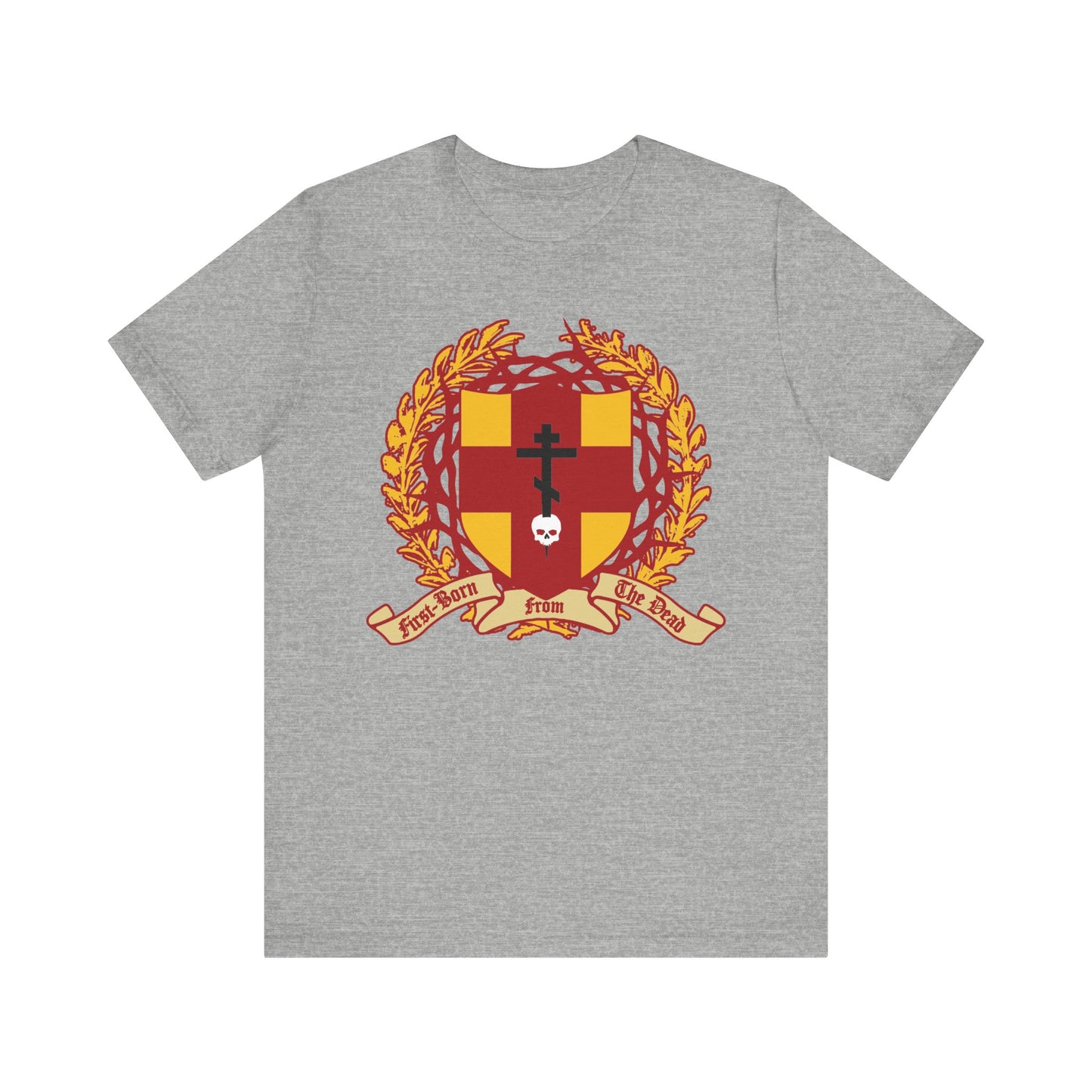 Athletic Heather t-shirt with heraldic shield, Orthodox Cross stabbing skull, crown of thorns, and “First-Born from the Dead (Col 1:18)”—symbolizing redemption through His blood. Lightweight cotton unisex fit.
