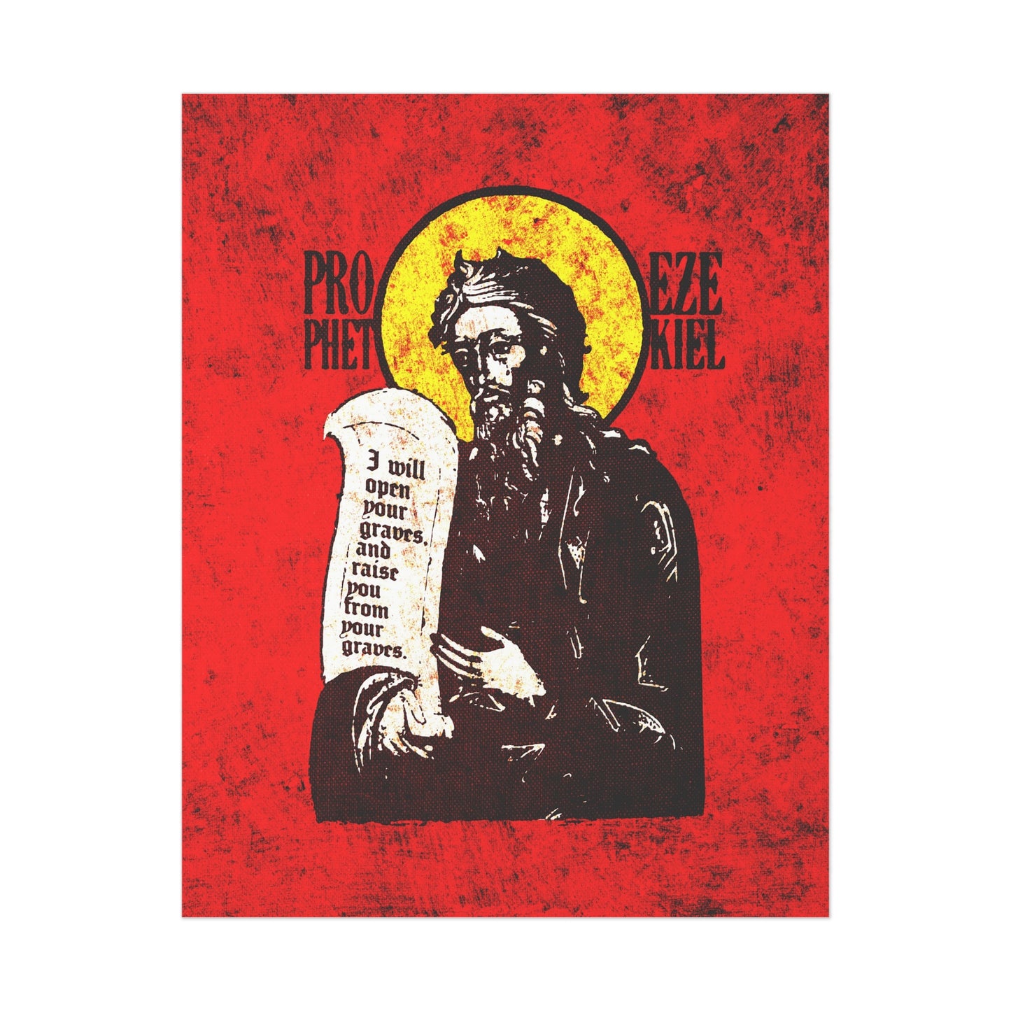 Prophet Ezekiel IconoGraphic | Textured, High Contrast Bright Red and Yellow Design | Old Testament | Orthodox Christian Art Poster