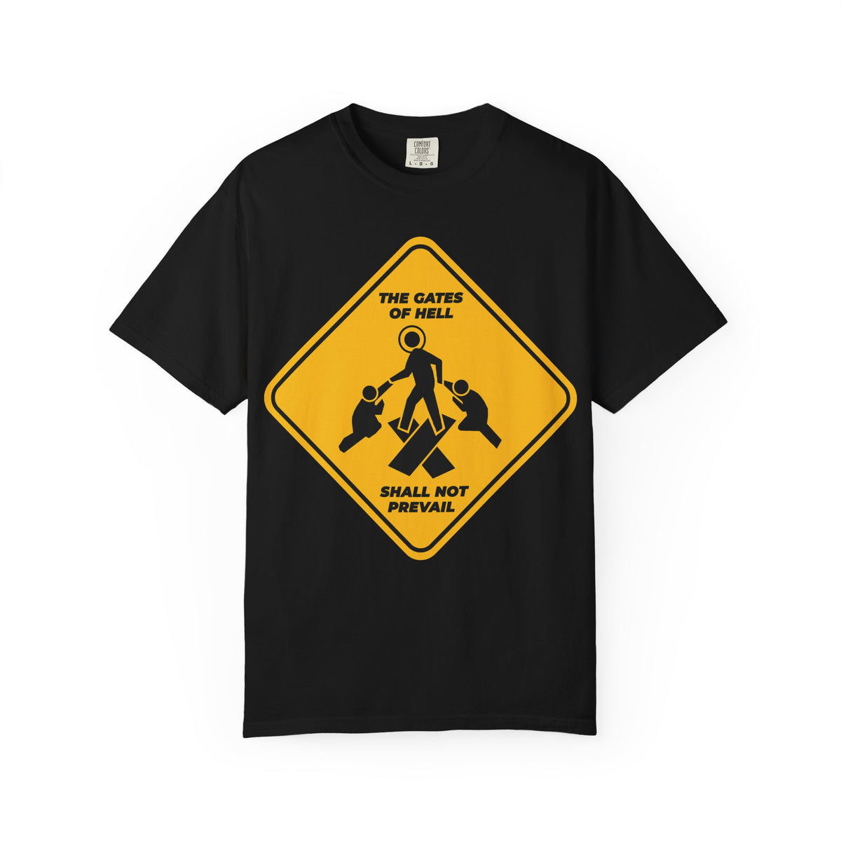 Black heavyweight cotton unisex tee featuring a minimalist yellow street sign icon and the text “Gates of Hell Shall Not Prevail,” with symbolic imagery referencing Isaiah 45:2-3 and the Paschal theme of trampling down death by death.