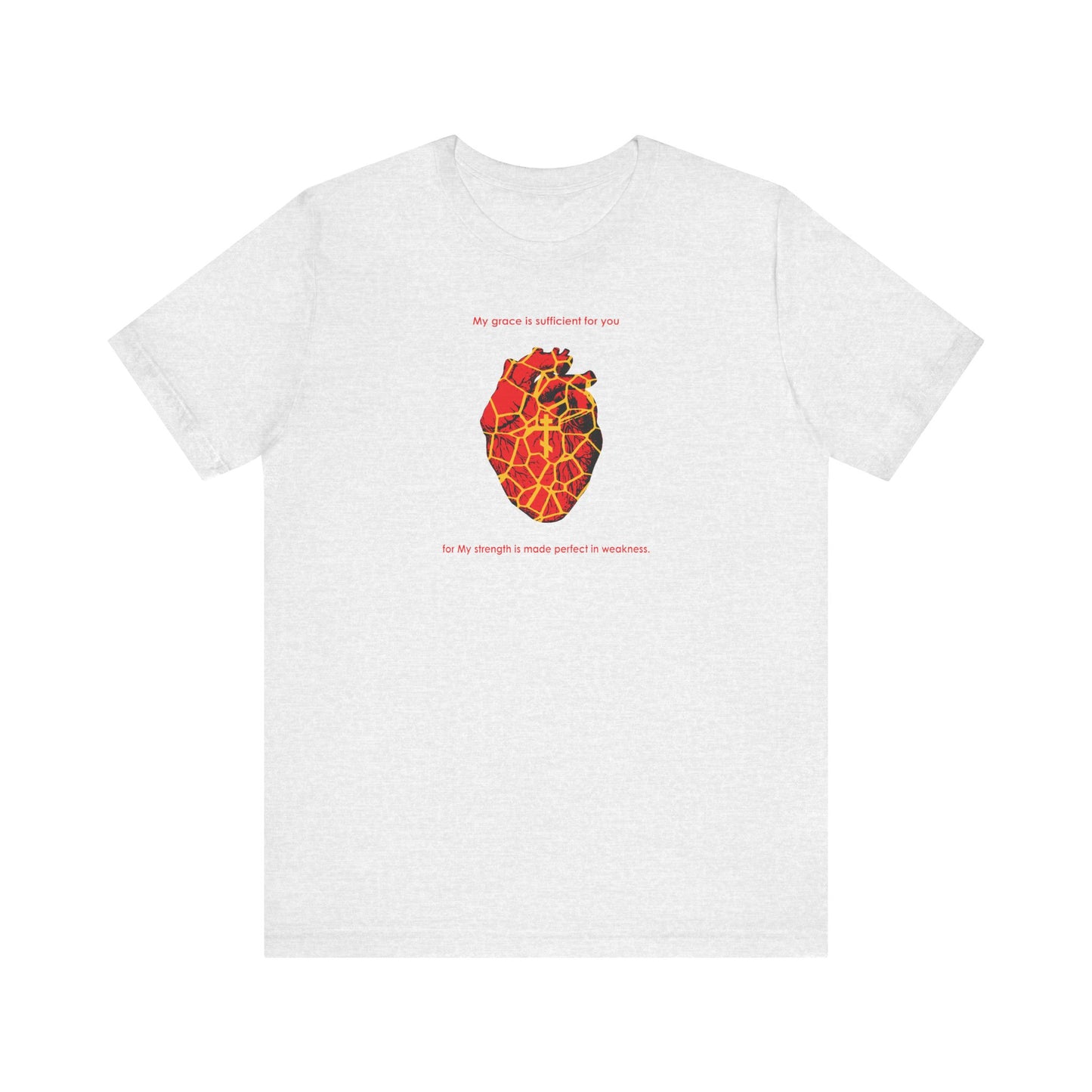 Ash tee featuring a Kintsugi-style golden broken heart with an Orthodox Cross, inspired by "My Strength is Made Perfect in Weakness" (2 Cor 12:9). Lightweight cotton unisex fit.