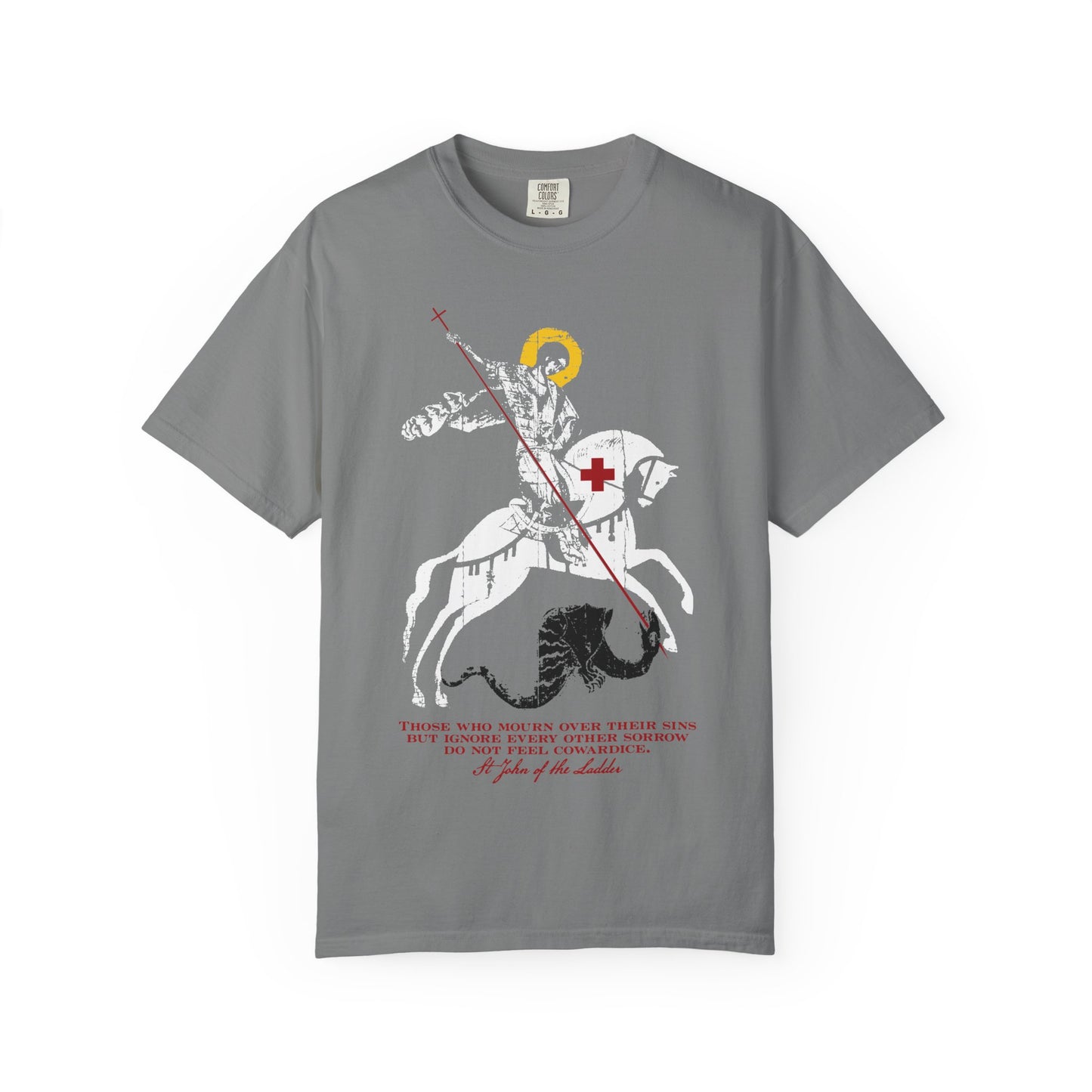 Grey heavyweight cotton unisex tee featuring an IconoGraphic of St George slaying the dragon, inspired by St John Climacus—designed for Orthodox Christians who find courage and hope even in the sadness of soul.