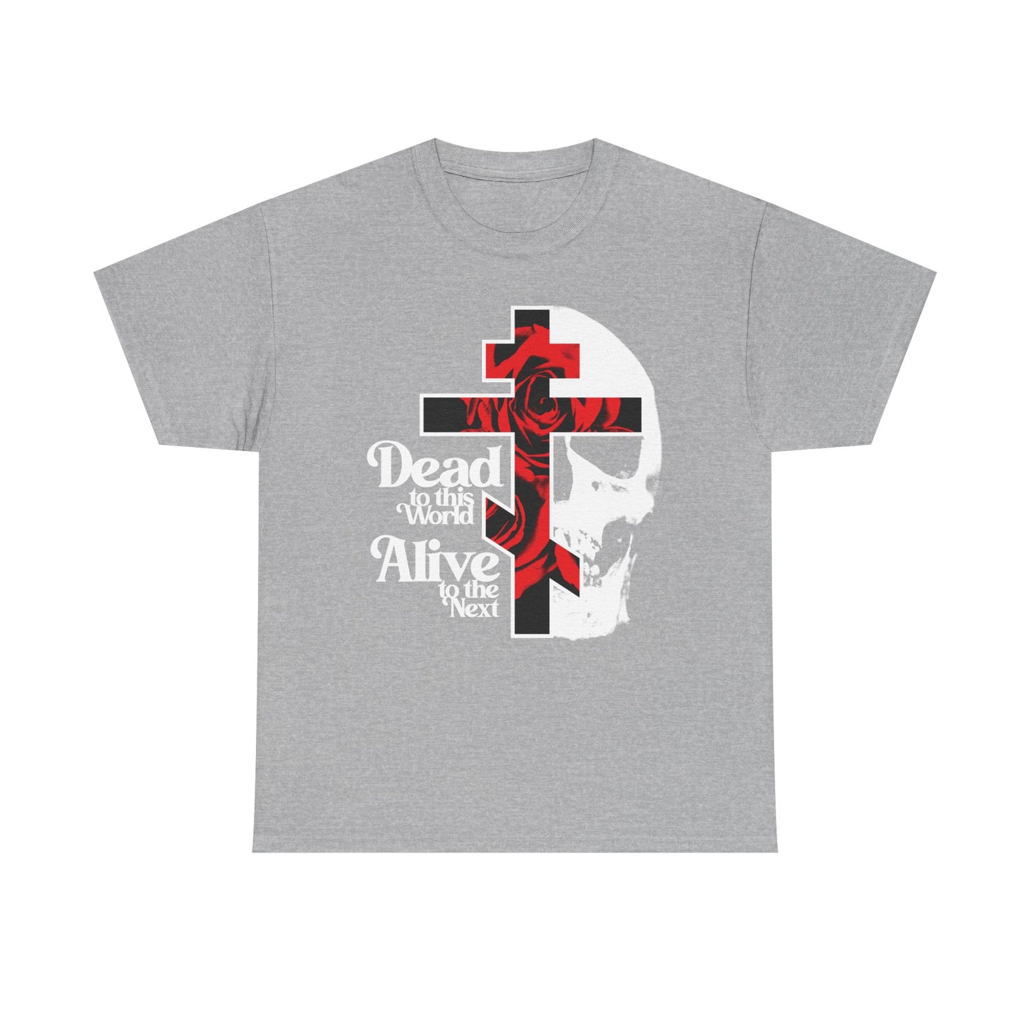 The Sport Grey “Dead to this World” Orthodox T-shirt features a cross, red roses, a skull, and 70s typography highlighting Christian renunciation, inspired by the Ladder of Divine Ascent. Bestselling heavy cotton Goth/Christian design.