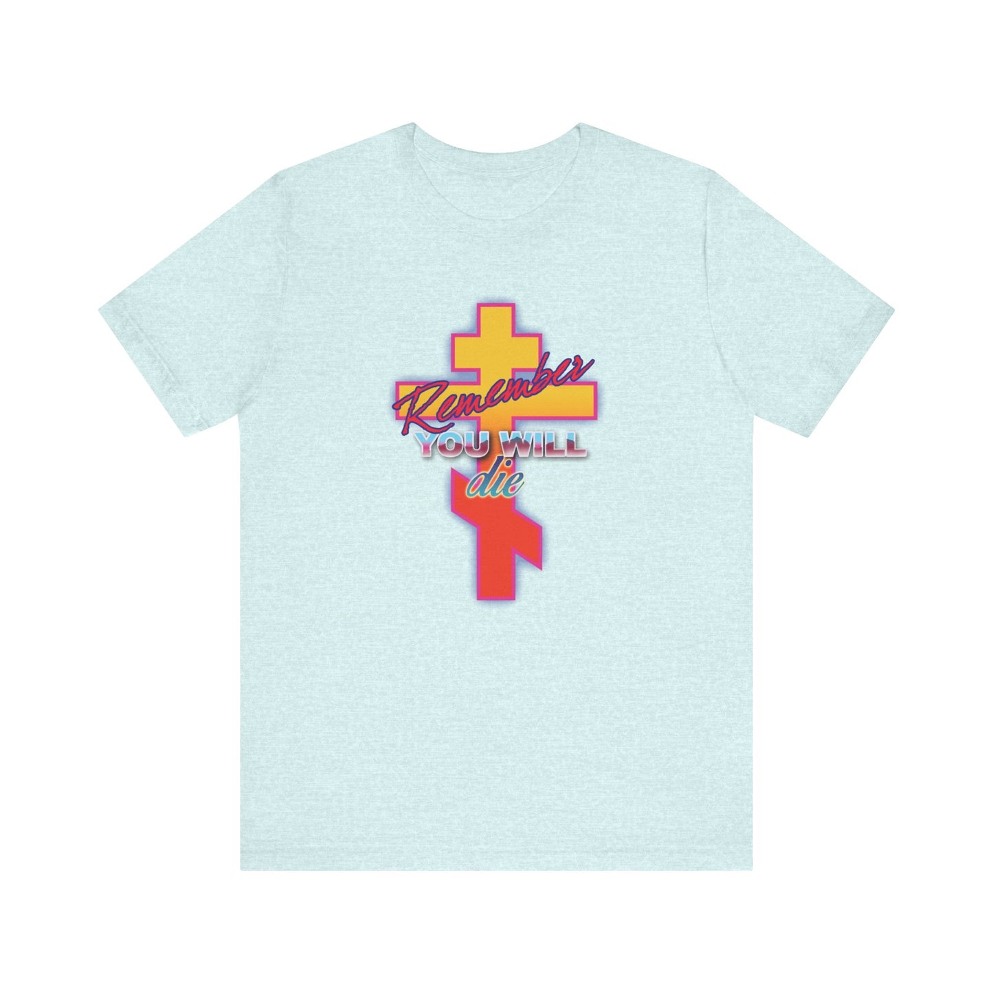 Heather Prism Ice Blue unisex t-shirt featuring a glowing synthwave Orthodox cross and "Remember You Will Die" 80s retro design, inspired by the Precious Life-Giving Cross. Lightweight cotton, colorful and striking.