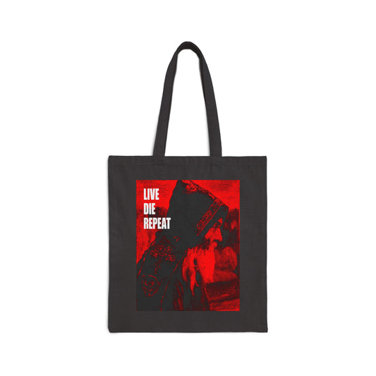 Black tote bag featuring “Live Die Repeat” and “Die Every Day, and You Will Live Forever,” inspired by “Monk” (Mikhail Nesterov) with ascetic Orthodox Christian themes—a striking accessory for faith-inspired style.