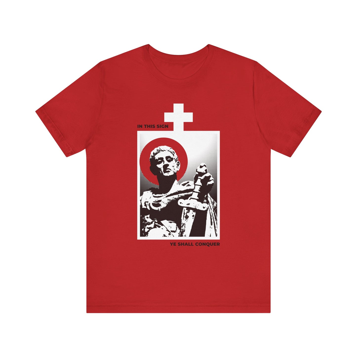 Red "In This Sign Ye Shall Conquer" t-shirt featuring an image of St Constantine the Great with a sword, a white cross, and the phrase "Conquer Your Passions" beneath the design; made from lightweight cotton in a unisex fit.