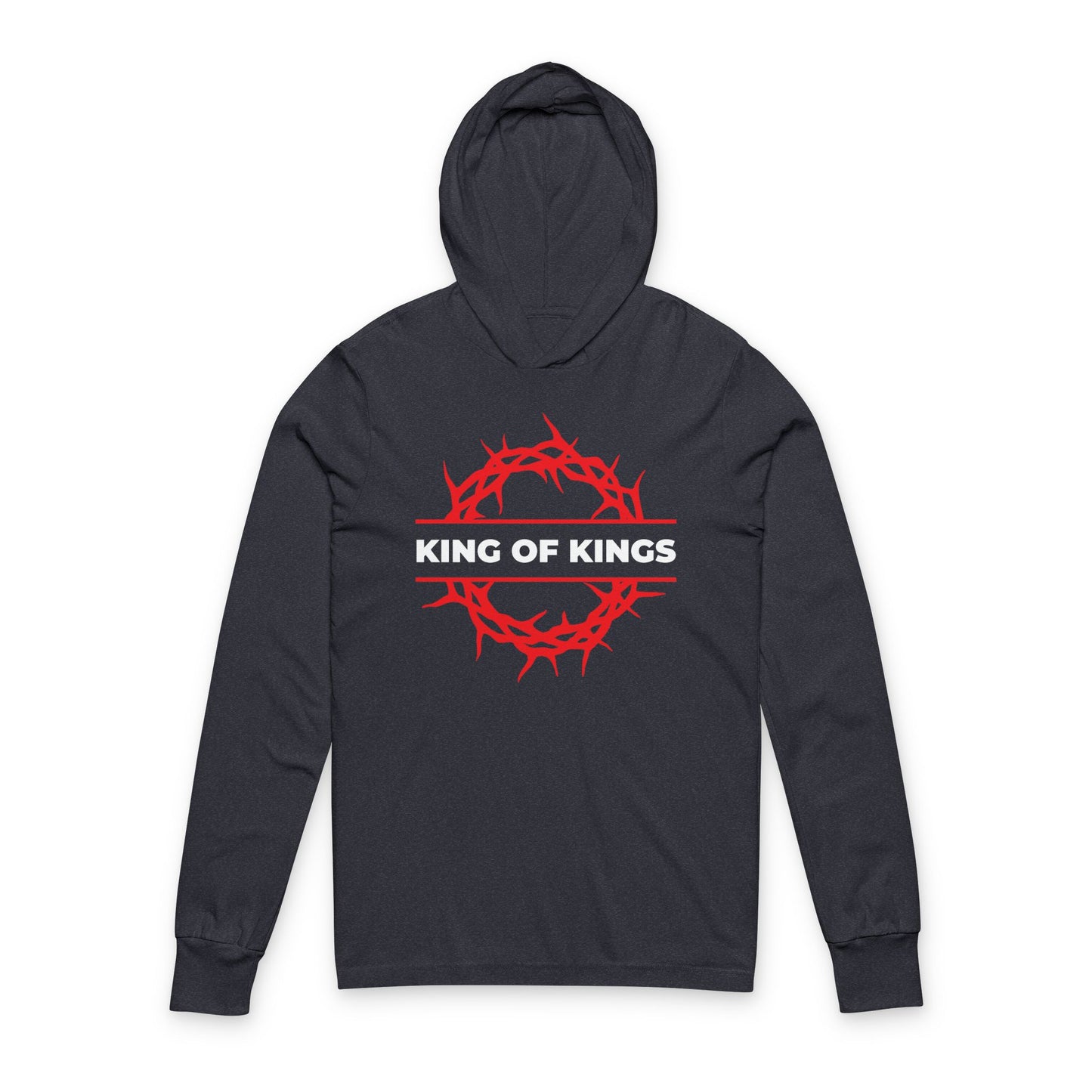 Heather navy hoodie featuring a red crown of thorns and bold white KING OF KINGS text, inspired by Revelation 19:16. King of Kings Crown of Thorns | The King of Glory | Christ is King | Christian Cotton Hooded Shirt.