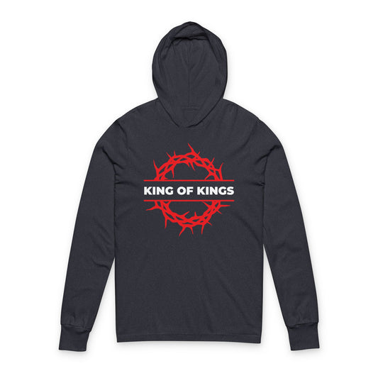 Heather navy hoodie featuring a red crown of thorns and bold white KING OF KINGS text, inspired by Revelation 19:16. King of Kings Crown of Thorns | The King of Glory | Christ is King | Christian Cotton Hooded Shirt.