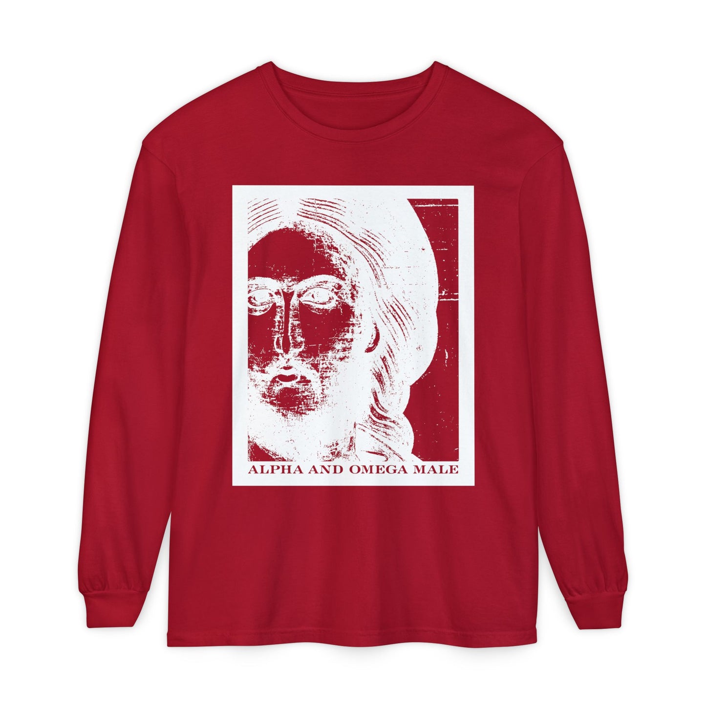 Red long-sleeve cotton shirt featuring an abstract Jesus Christ icono-graphic in photonegative style, with "Alpha & Omega Male" and "I am the Beginning & the End (Rev 22)" text.