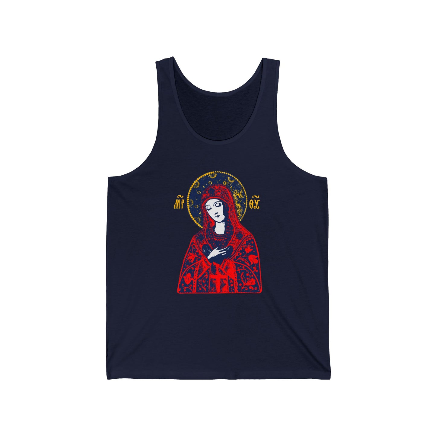Joy of All Joys Tenderness Theotokos Iconographic Based on Traditional Orthodox Iconography | Red Design | Orthodox Christian Jersey Tank Top