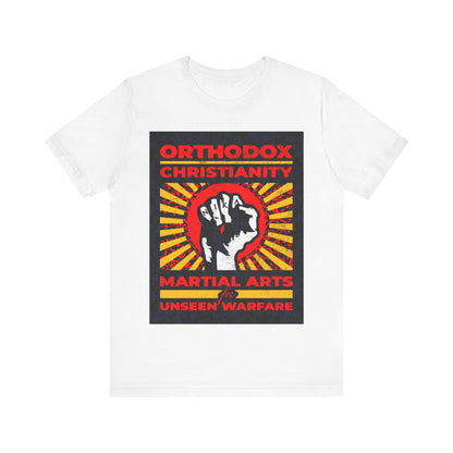 Orthodox Christianity: Martial Arts for Unseen Warfare | NIKA Jesus Fist on Colorful Sunburst Design | Orthodox Christian T-Shirt