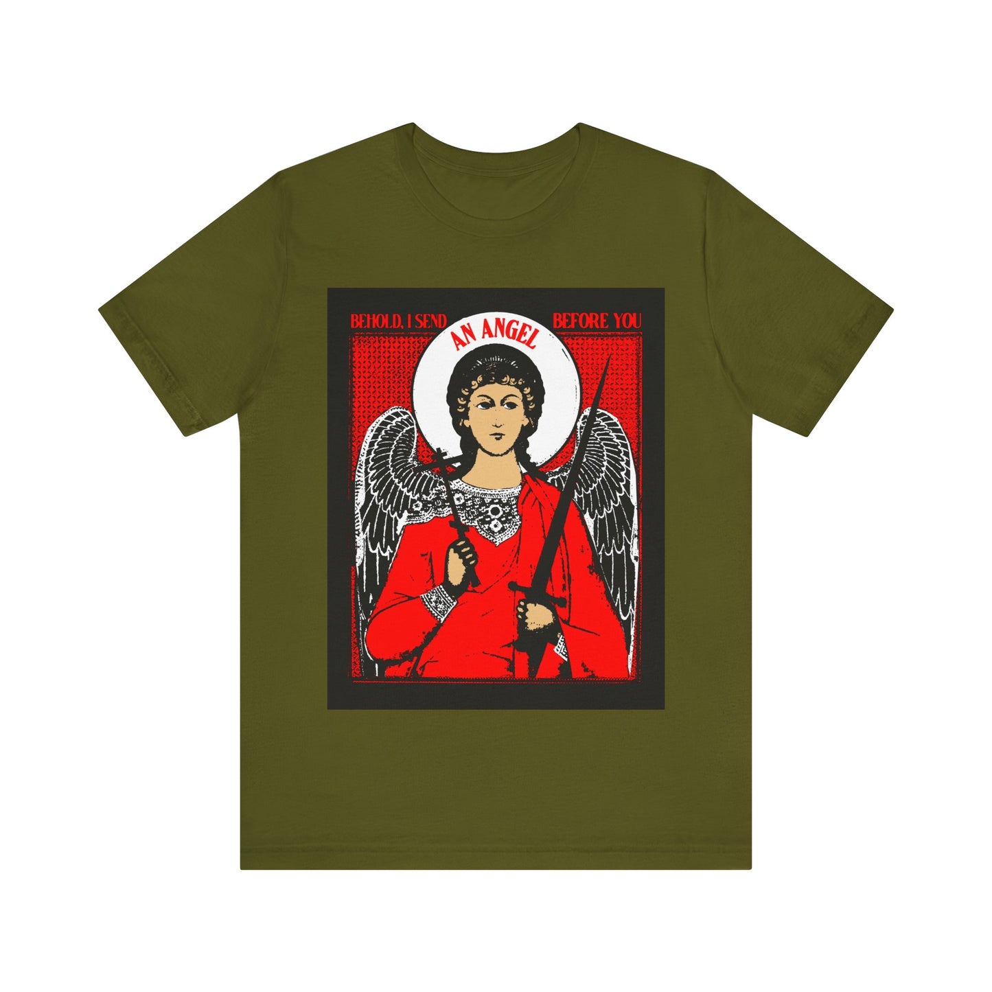 Behold, I Send an Angel Before You (Exodus 23:20) | Guardian Angel With Cross and Sword IconoGraphic | Orthodox Christian Cotton T-Shirt