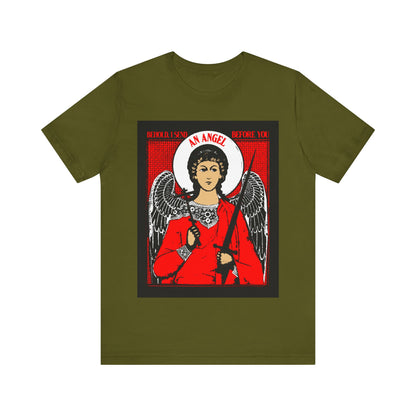 Behold, I Send an Angel Before You (Exodus 23:20) | Guardian Angel With Cross and Sword IconoGraphic | Orthodox Christian Cotton T-Shirt
