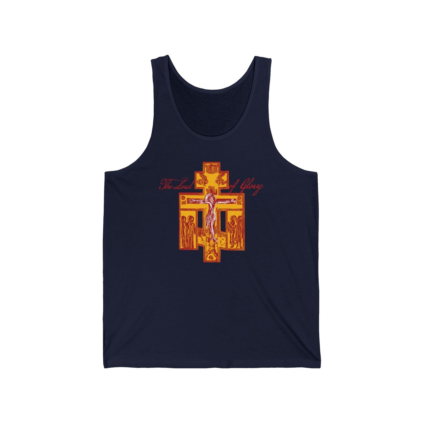 Navy cotton tank top featuring a Russian Golgotha Crucifix graphic, "The Lord of Glory" text, and 1 Corinthians 2:8, inspired by Orthodox Christian iconography.