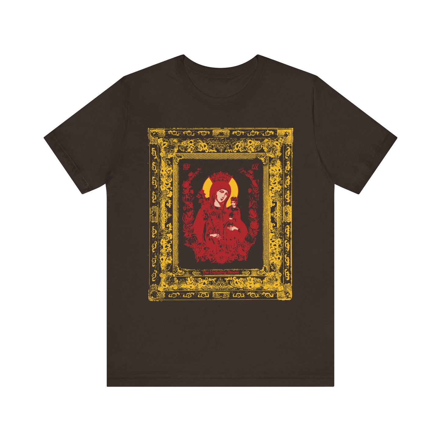 Brown t-shirt featuring a framed red and gold artistic illustration of the crowned, robed Mother of God (Theotokos) on the front.
