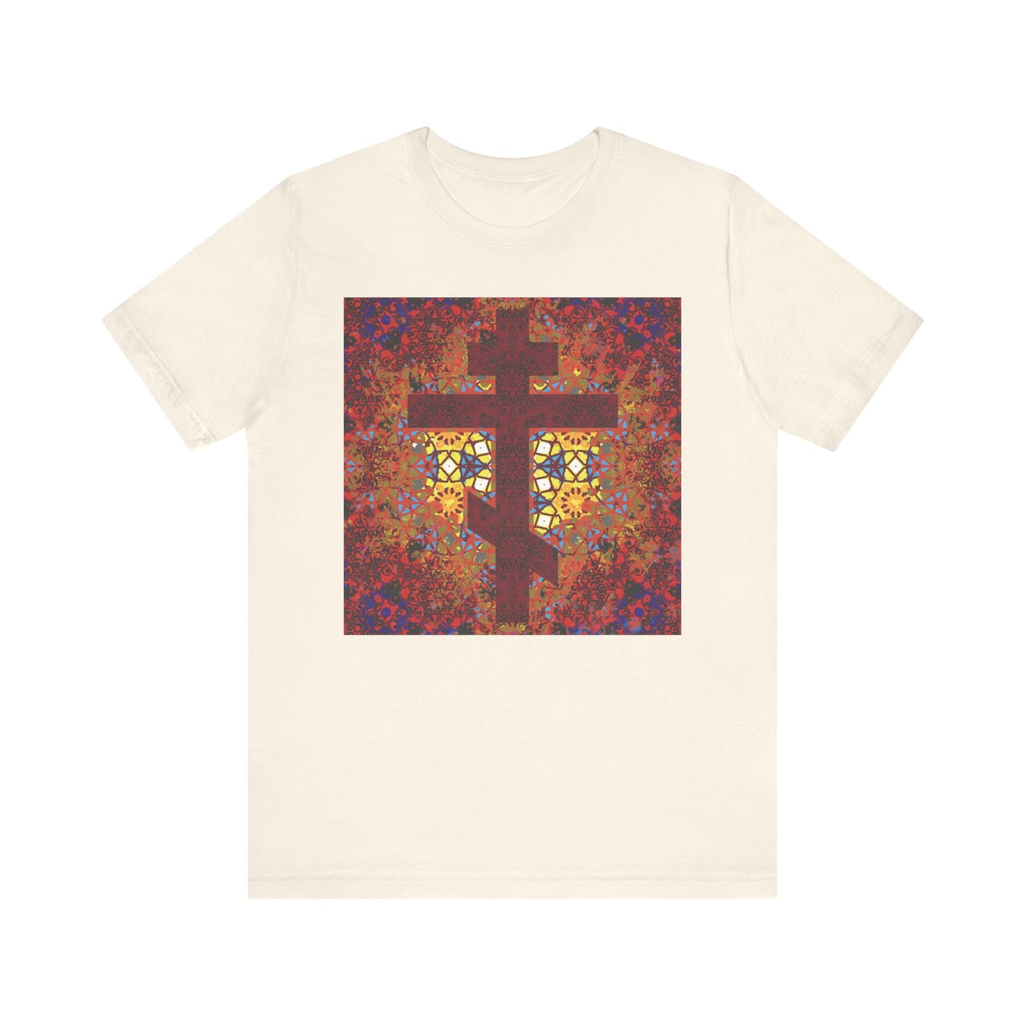 Natural color unisex lightweight cotton t-shirt featuring a geometrical stained glass Orthodox cross design in vibrant red, orange, and yellow hues, inspired by the spiritual wisdom of Elder Ambrose of Optina and uplifting Christian inspiration.