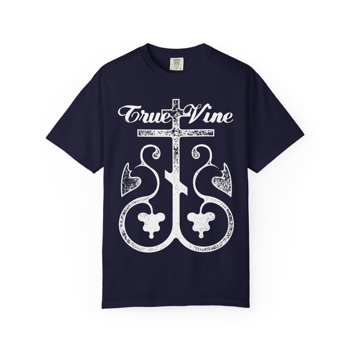 True Navy heavyweight cotton unisex t-shirt featuring a large stylized white Orthodox cross with grape vine design on the front, inspired by “I Am the True Vine” (John 15, Ezekiel 15) and created with a photocopy effect.