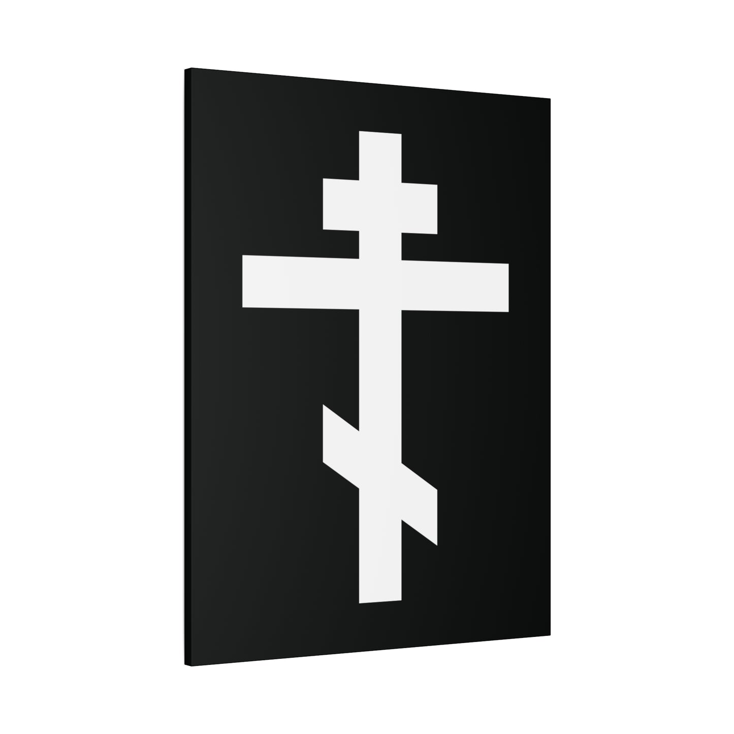 The "White Orthodox Cross | 'May I never boast, except in the cross of our Lord Jesus Christ' (Gal 6:14) | Orthodox Canvas Art" features a white Orthodox cross on a black rectangular background at a slight angle.