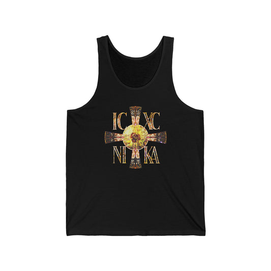 ICXC NIKA Celtic Style Equal Armed Cross | Bright Solar Texture | Orthodox Christian Jersey Tank Top