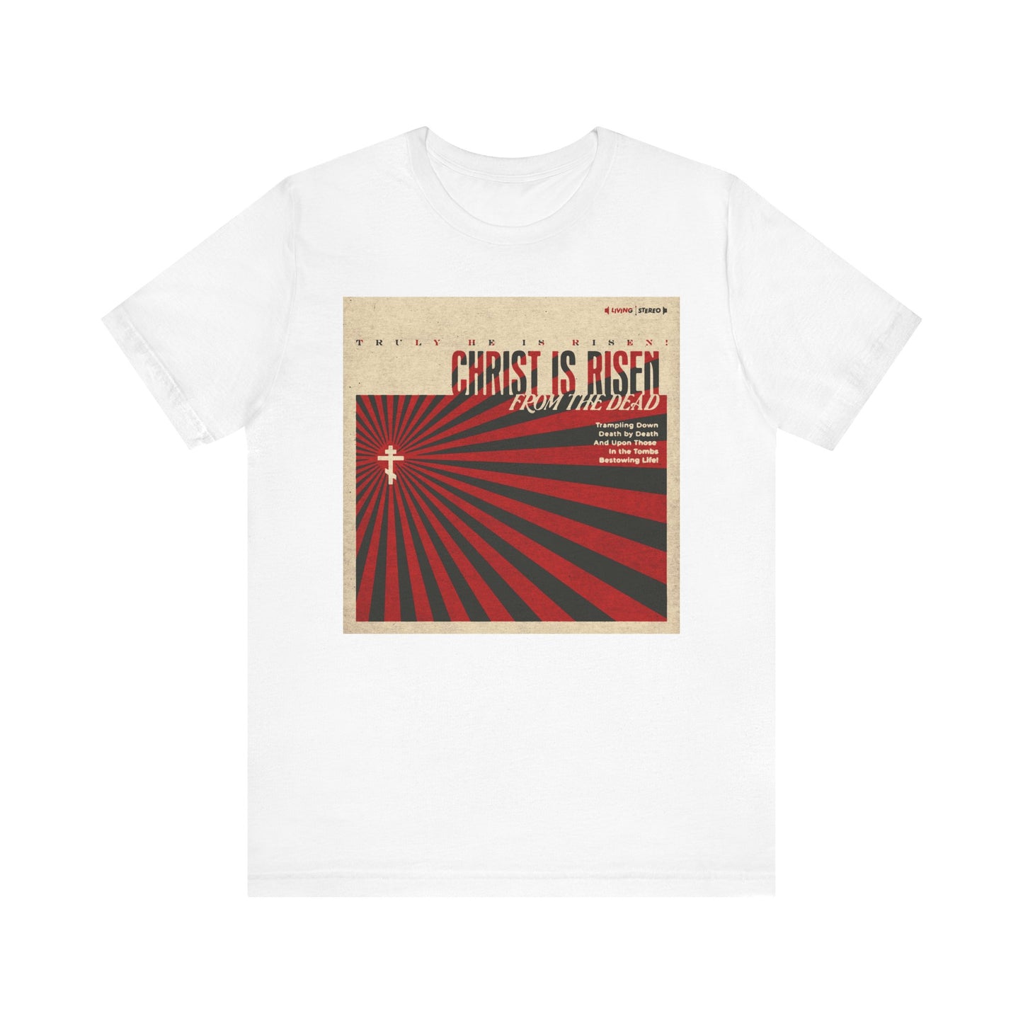 White “Christ is Risen from the Dead” Orthodox Christian tee features a retro LP cover design inspired by the Paschal Troparion—a lightweight unisex cotton shirt in classic white, celebrating Christ’s resurrection and victory over death.