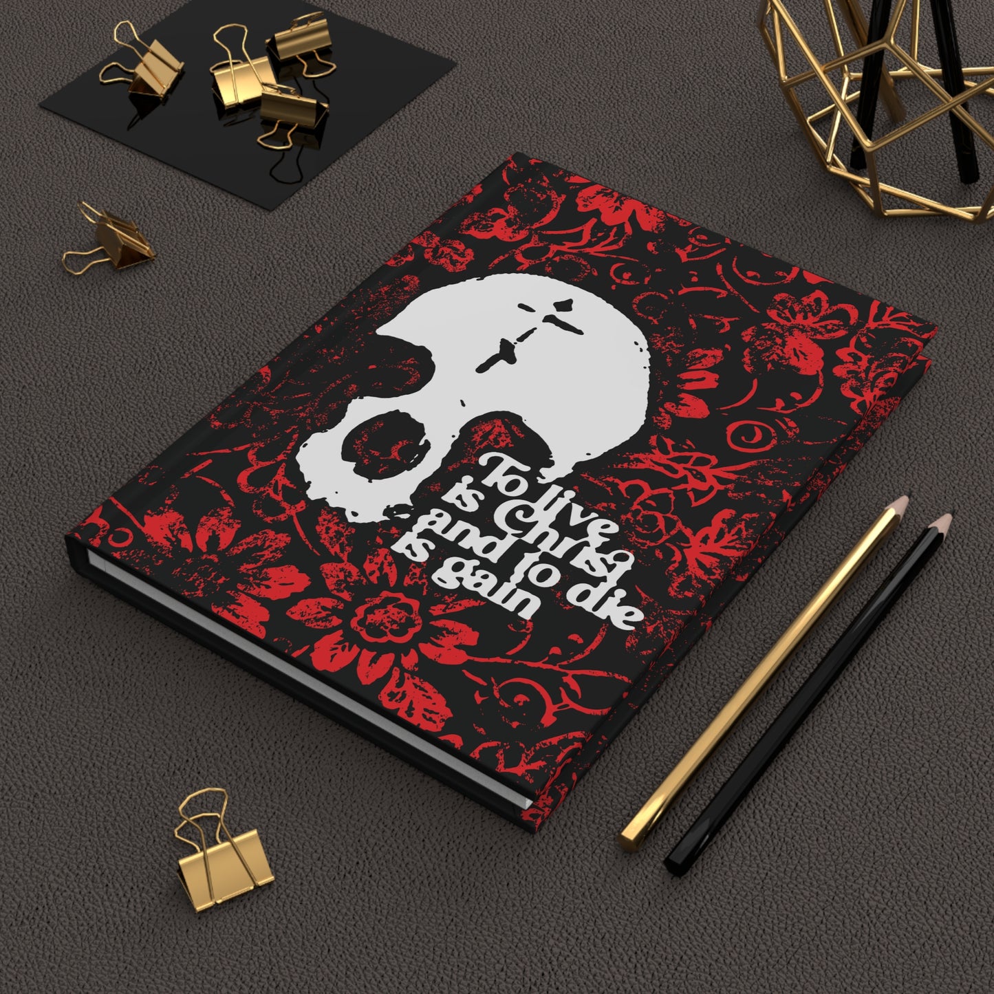 To Live is Christ To Die is Gain (Phil 1:21) | Skull with Cross on Red Floral Texture | Orthodox Christian Hardcover Journal