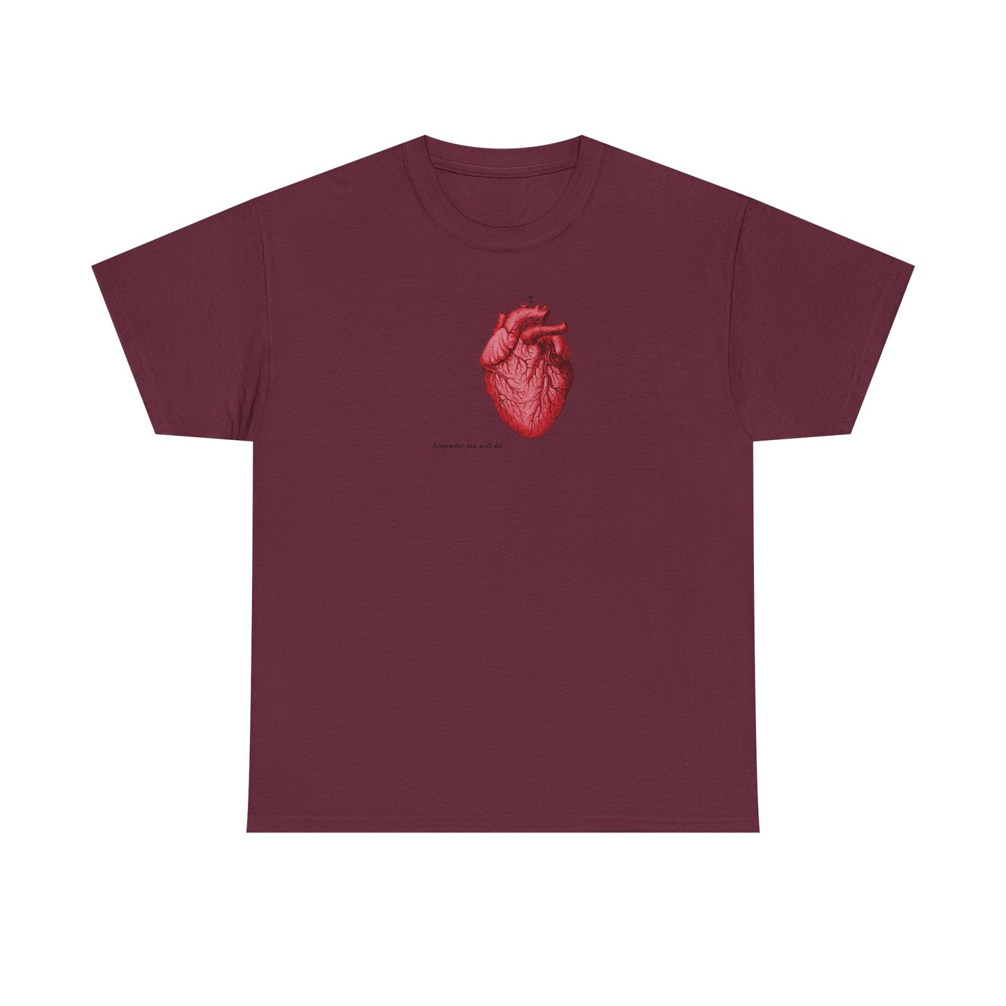 Maroon "Remember You Will Die" T-shirt featuring a retro medical heart illustration with an Orthodox cross, inspired by Memento Mori and Christian themes of mercy and repentance.