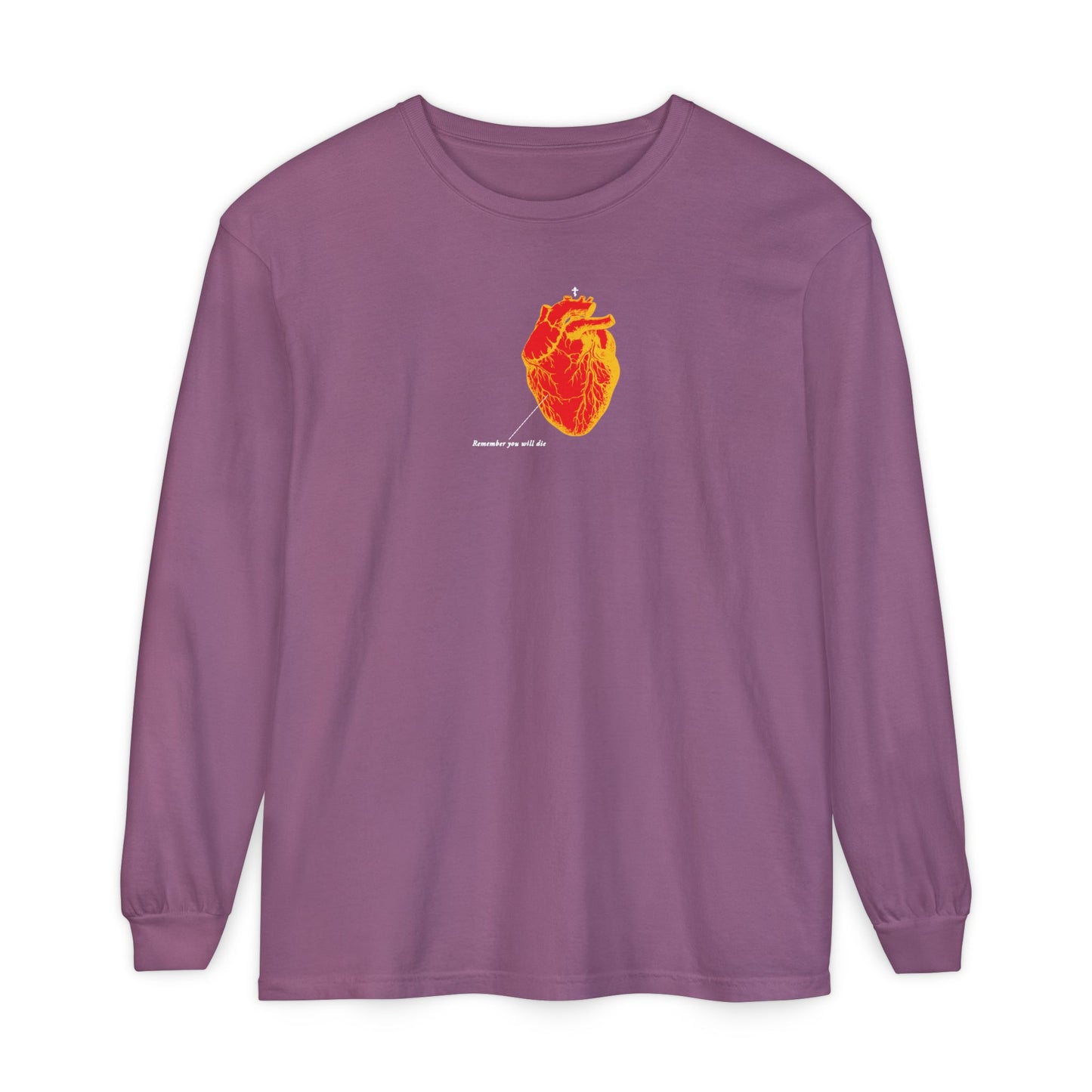 This berry long-sleeve features an inverted red and orange anatomical heart and small white text, inspired by retro medical textbooks. "Remember You Will Die" design captures the theme of memento mori and Christian reflection.
