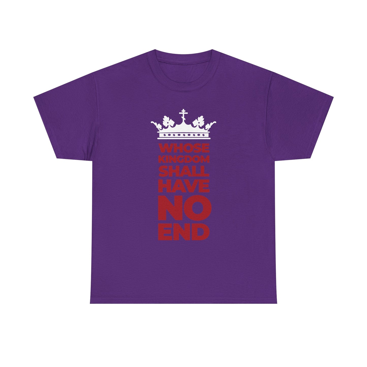 Celebrate the everlasting dominion of the Son of Man with our purple “Whose Kingdom Shall Have No End” unisex tee, featuring a bold white crown graphic and modern red and white typography inspired by the Nicene Creed. This apocalyptic Christian shirt makes a striking statement of faith in His unshakable kingdom.