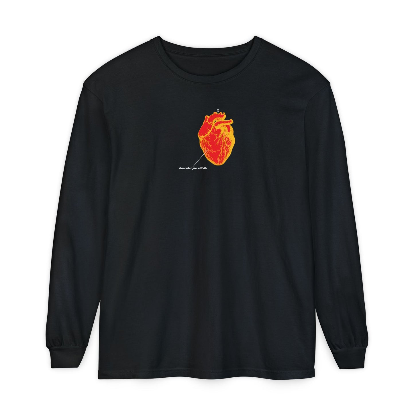 Black long-sleeve shirt featuring an inverted red & orange anatomical heart and retro medical textbook design with "Memento Mori" Christian message; “Remember You Will Die” theme.