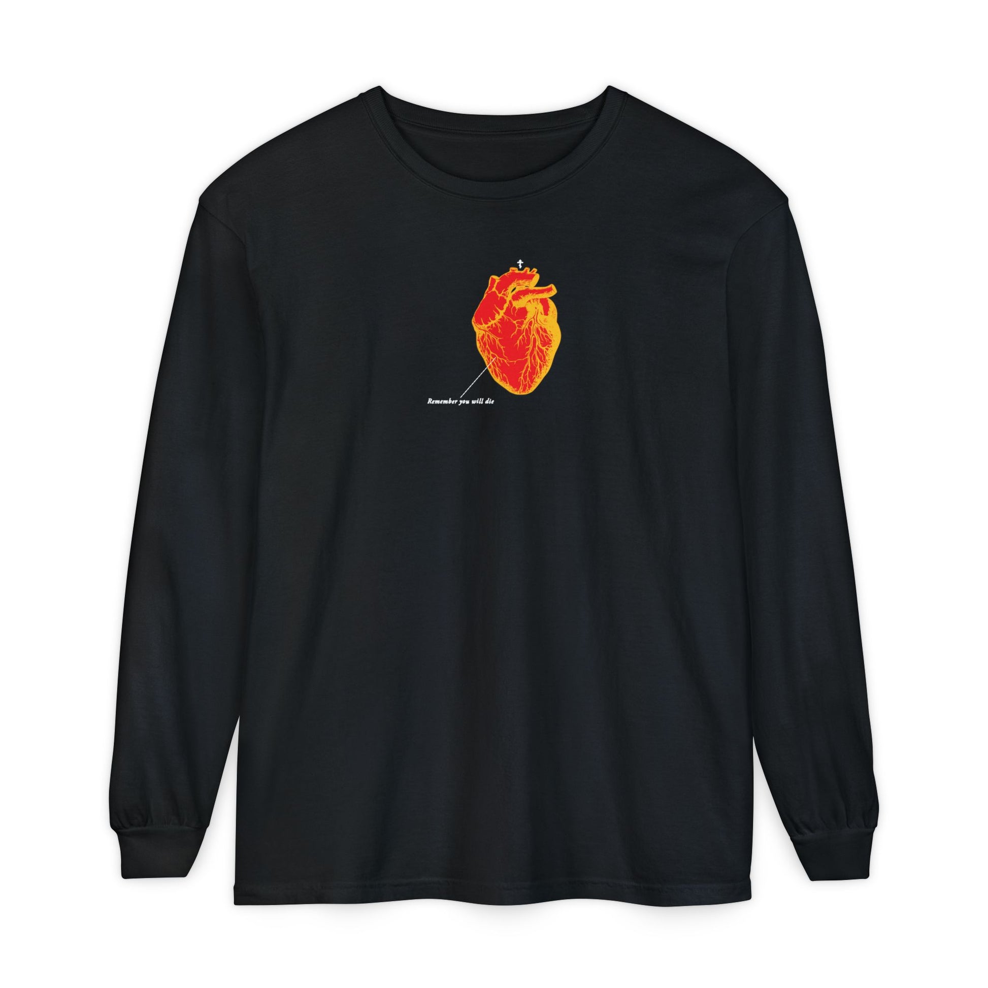 Black long-sleeve shirt featuring an inverted red & orange anatomical heart and retro medical textbook design with "Memento Mori" Christian message; “Remember You Will Die” theme.