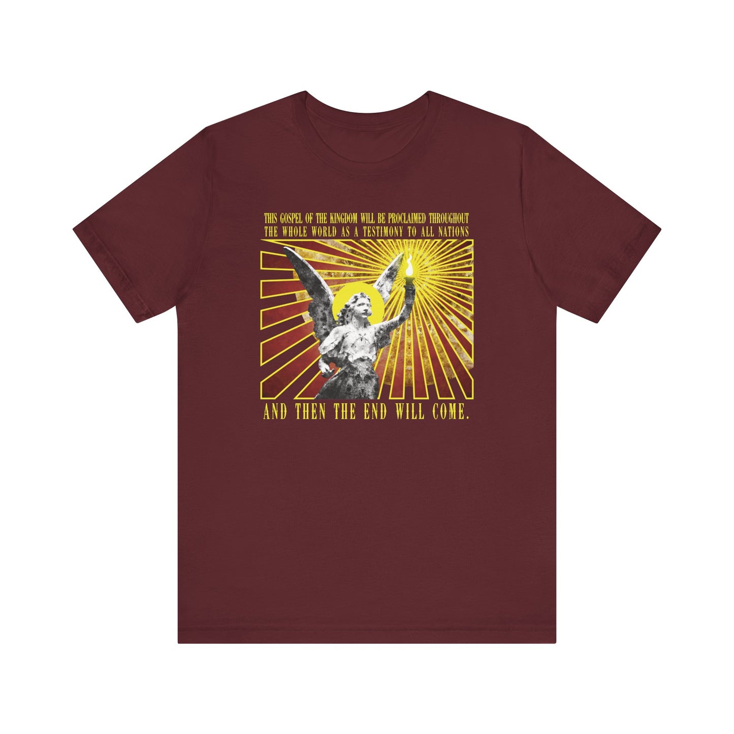 Maroon “And Then the End Will Come (Matthew 24:14)” t-shirt with a cemetery angel holding a lamp emitting rays, inspired by Christian prophecy. Lightweight unisex cotton.
