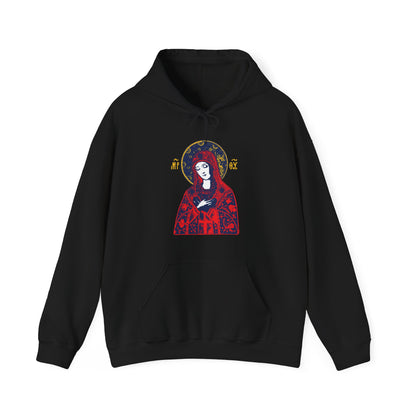 Joy of All Joys Tenderness Theotokos Iconographic Based on Traditional Orthodox Iconography | Bright Red Design | Orthodox Christian Hoodie