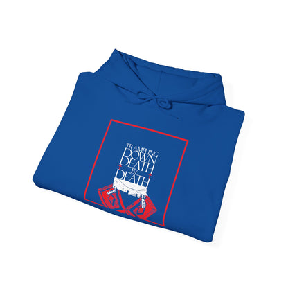 Blue Trampling Down Death By Death hoodie showing feet stepping on the gates of Hades.