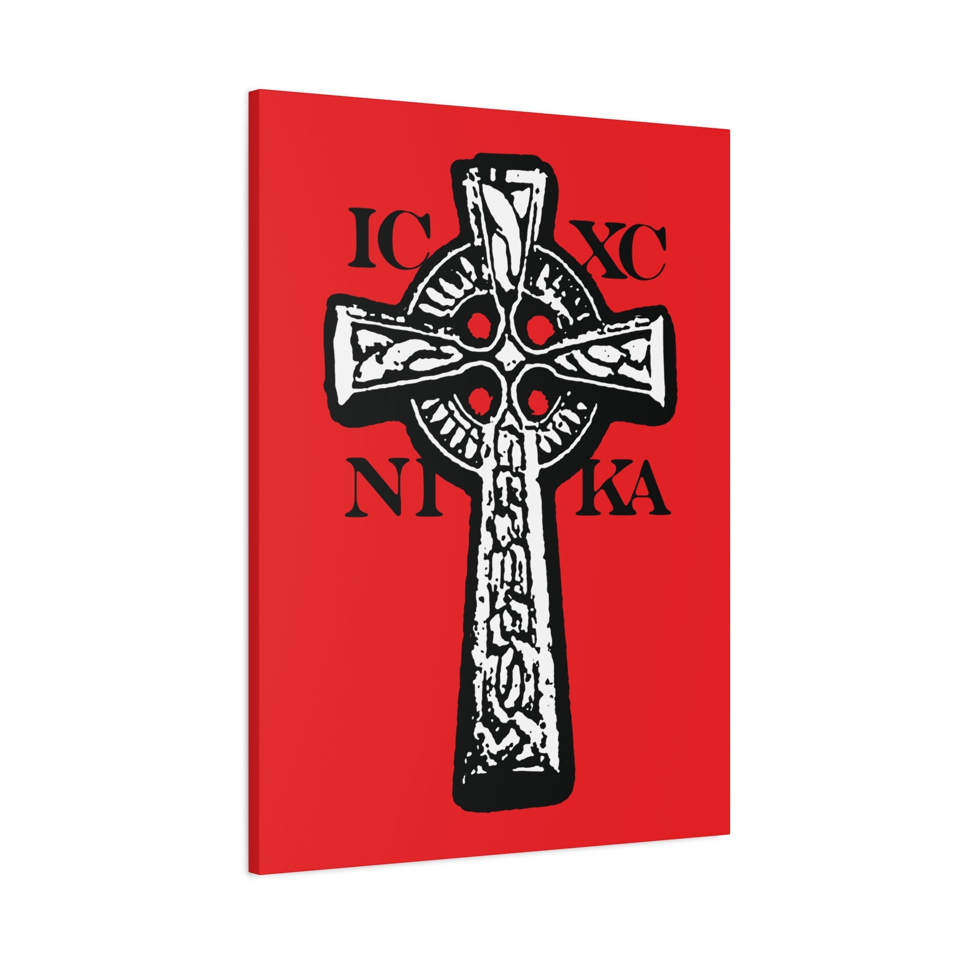 The ICXC NIKA Celtic Knotwork Cross features black and white detailing on a vivid red background, with Greek letters symbolizing "Jesus Christ Conquers." This traditional Orthodox Christian wall art represents salvation and the power of the Cross.