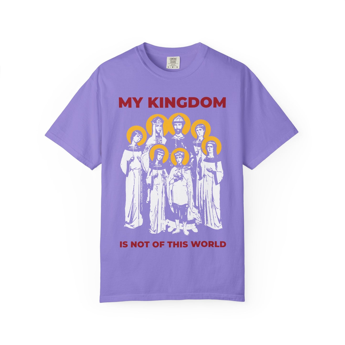 Violet heavyweight cotton tee featuring a graphic of the seven Romanov royal martyrs with halos, referencing Orthodox Christian history and the tragic fate of Tsar Nicholas II’s family, and adorned with the red text “MY KINGDOM IS NOT OF THIS WORLD (John 18:36).”.