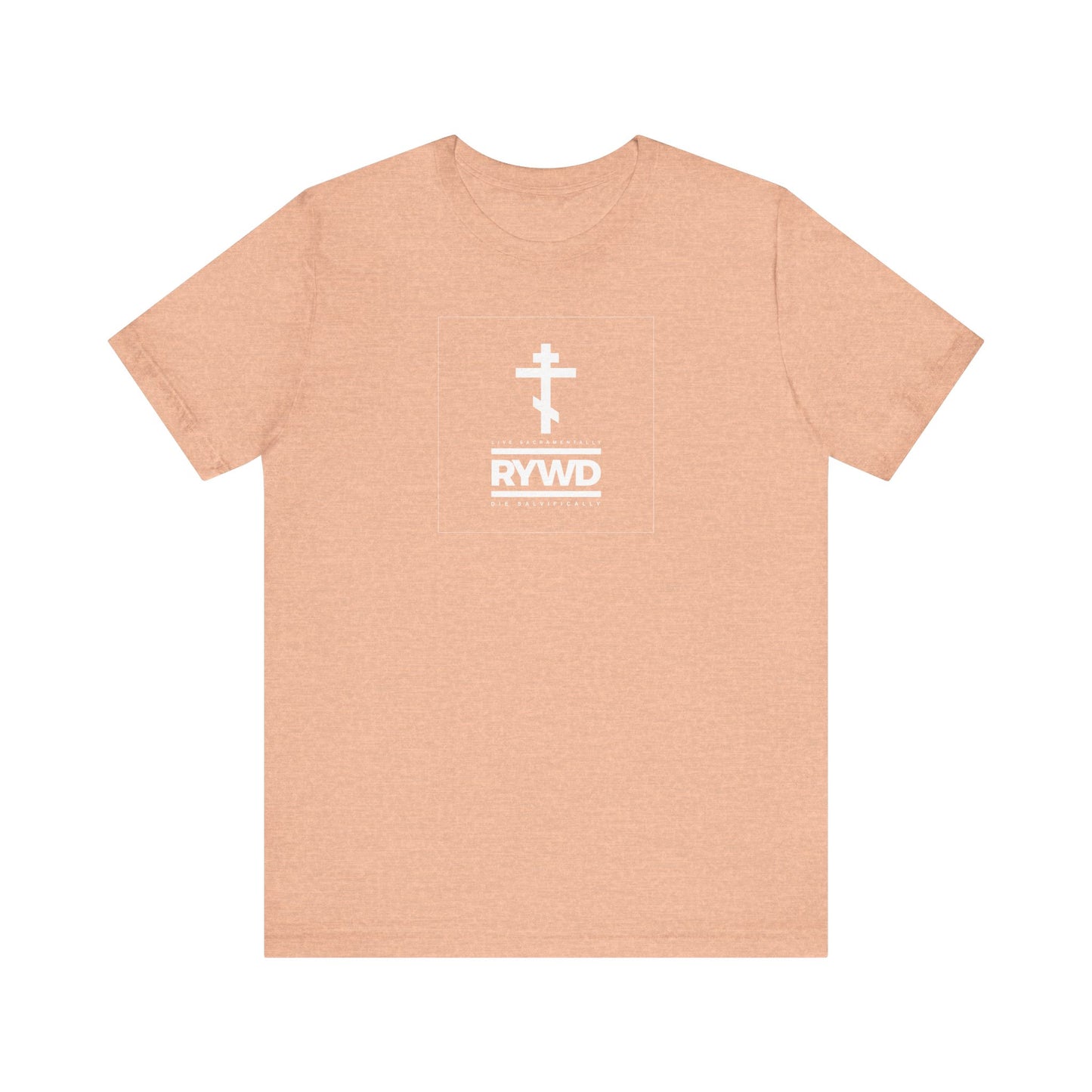 Heather peach unisex tee featuring a minimalist white double-barred cross above the text RYWD, with smaller lettering underneath—inviting you to live sacramentally and die salvifically as a subtle Orthodox Christian reminder of mortality.