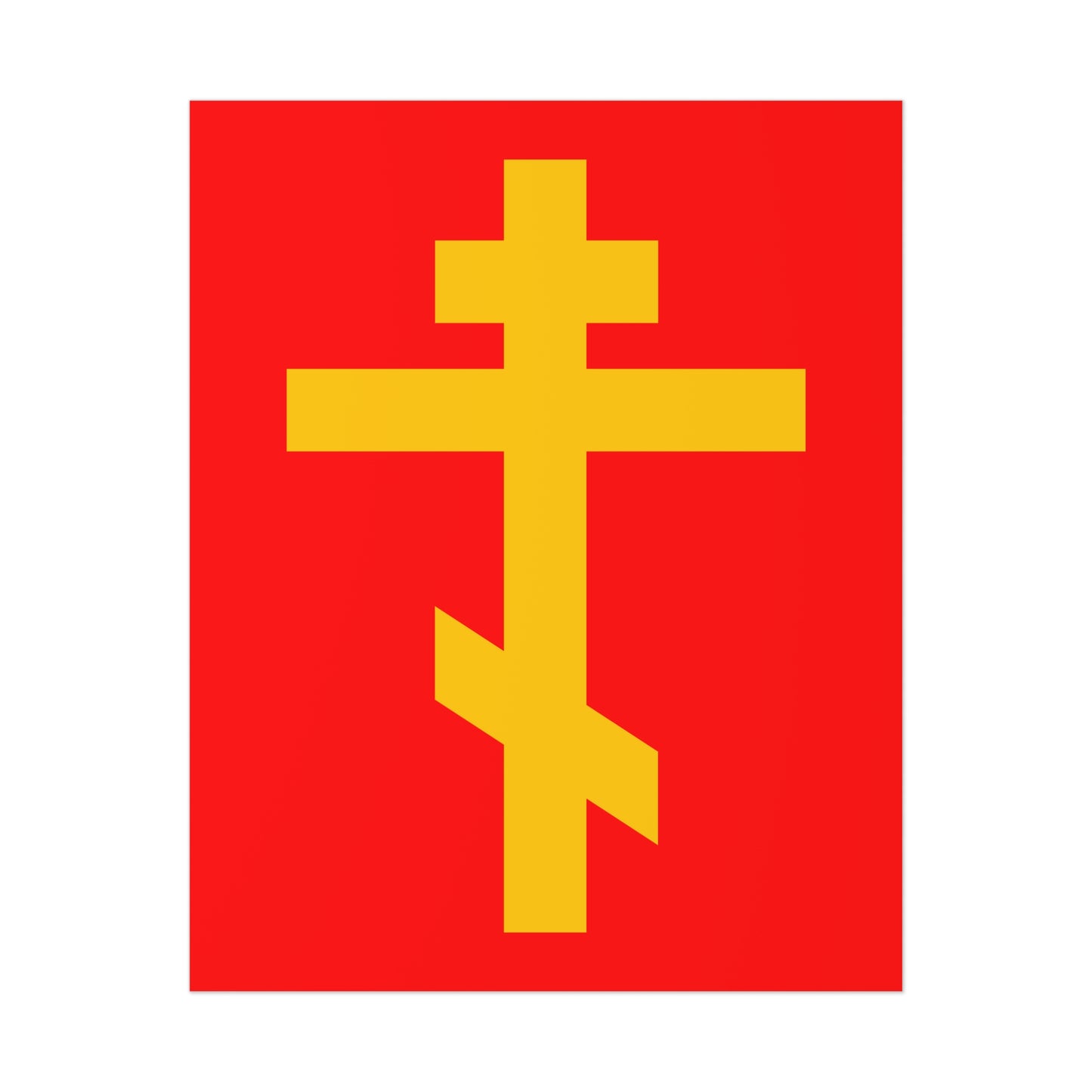 The Yellow Orthodox Cross Red Background poster features the precious and life-giving weapon of unseen warfare, scourge of demons—an inspiring piece of Orthodox art.